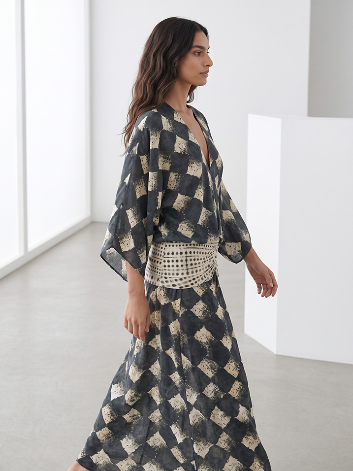 Casual Abstract Plaid Print Kimono Sleeve Maxi Dress