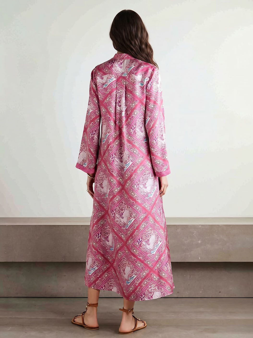 Unique Paisley Print Satin V-Neck Midi Dress