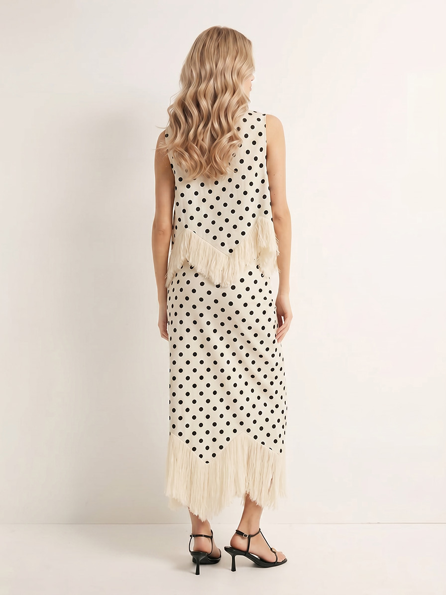 Elegant Polka Dot Fringed Asymmetrical Skirt Two-Piece Set