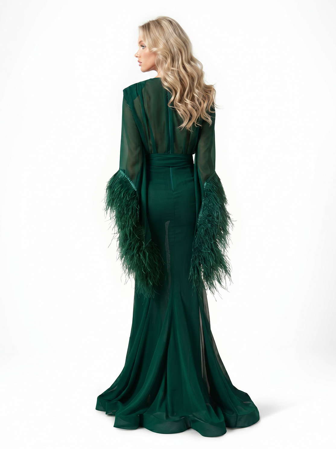 Elegant V-Neck Feather Cuff Chiffon Flowing Party Maxi Dress