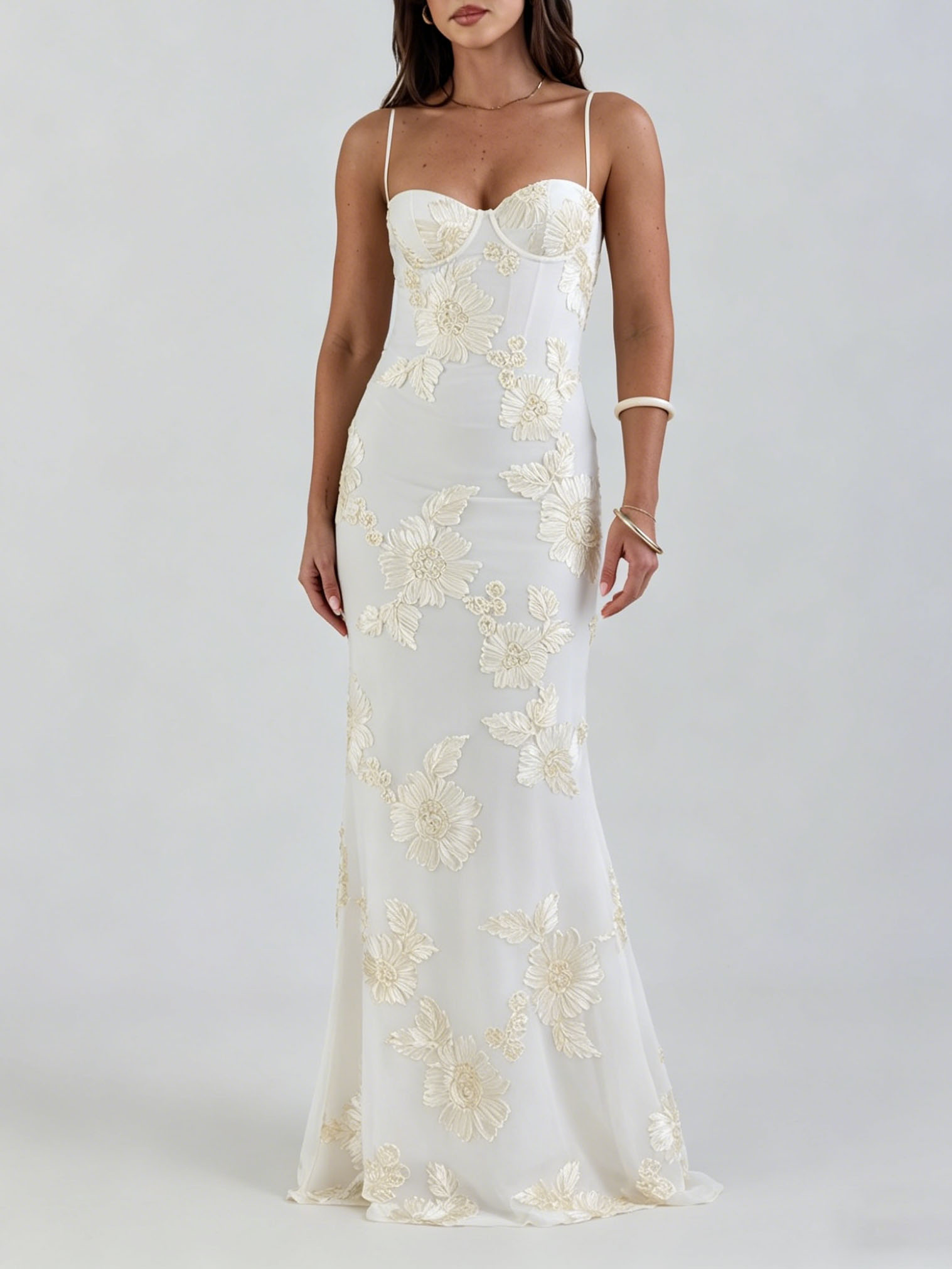 Elegant Floral Embroidered Spaghetti Strap Mermaid Maxi Dress