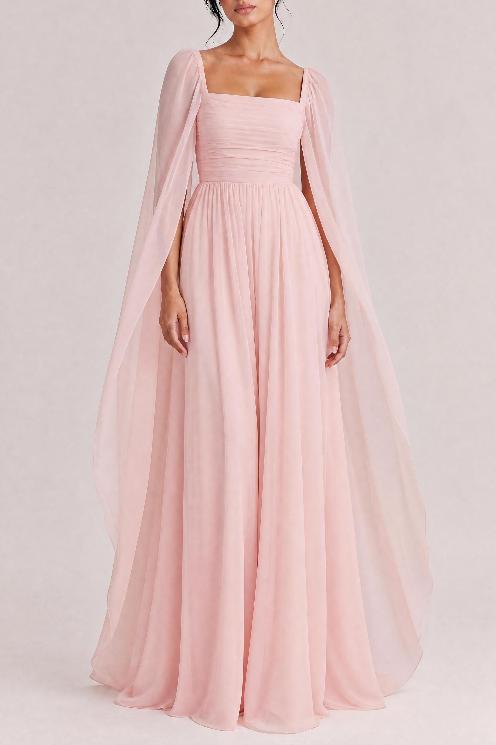 Elegant Cape Sleeve Pleated Chiffon Maxi Dress