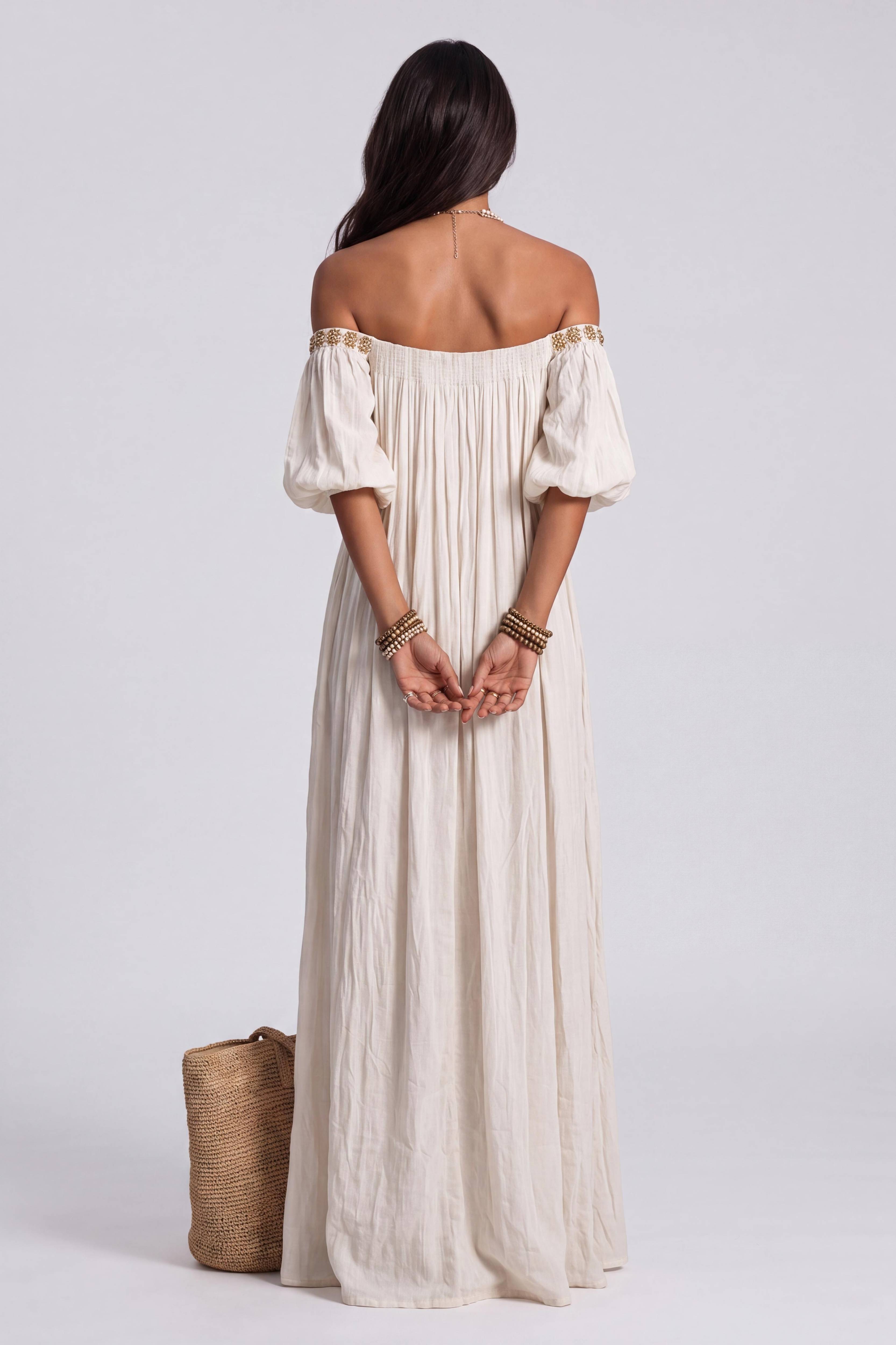 Bohemian Shoulder Loose Long Dress Lace Bubble Sleeve Split Elegant Vacation Dress