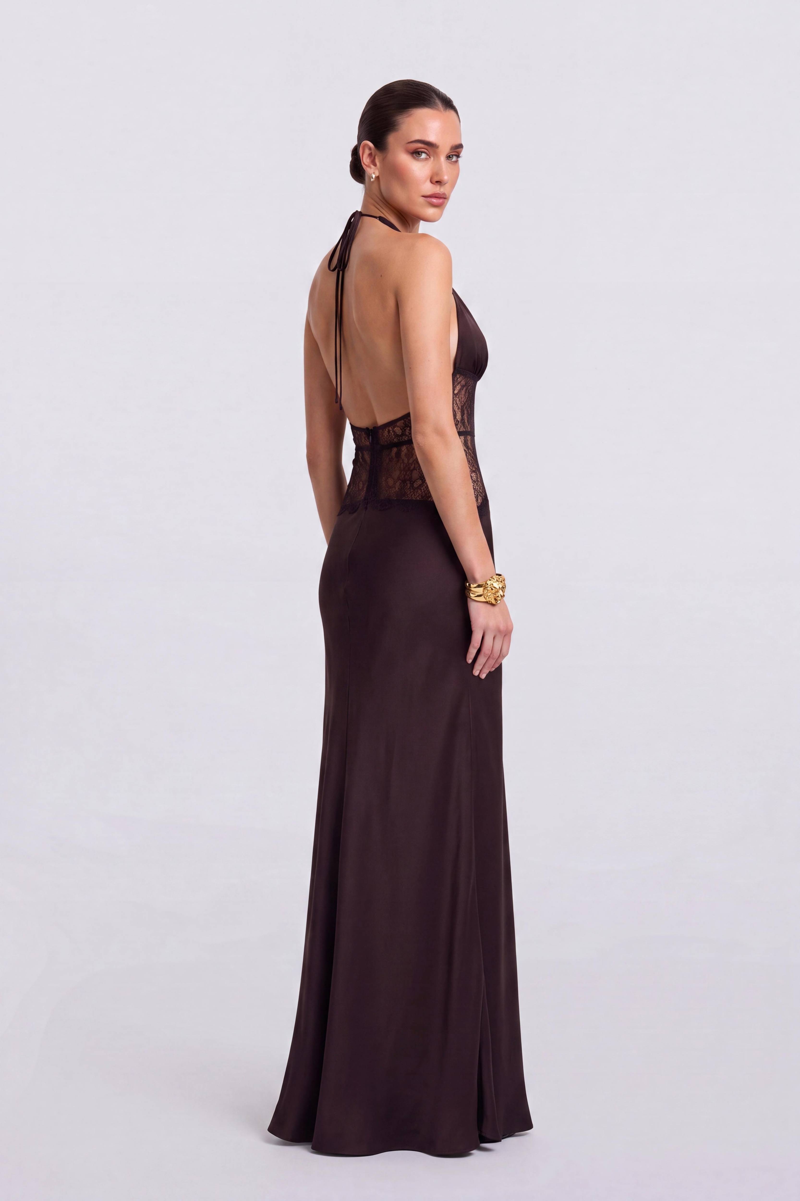 Lace Cut-Out Backless Neck Satin Long Dress