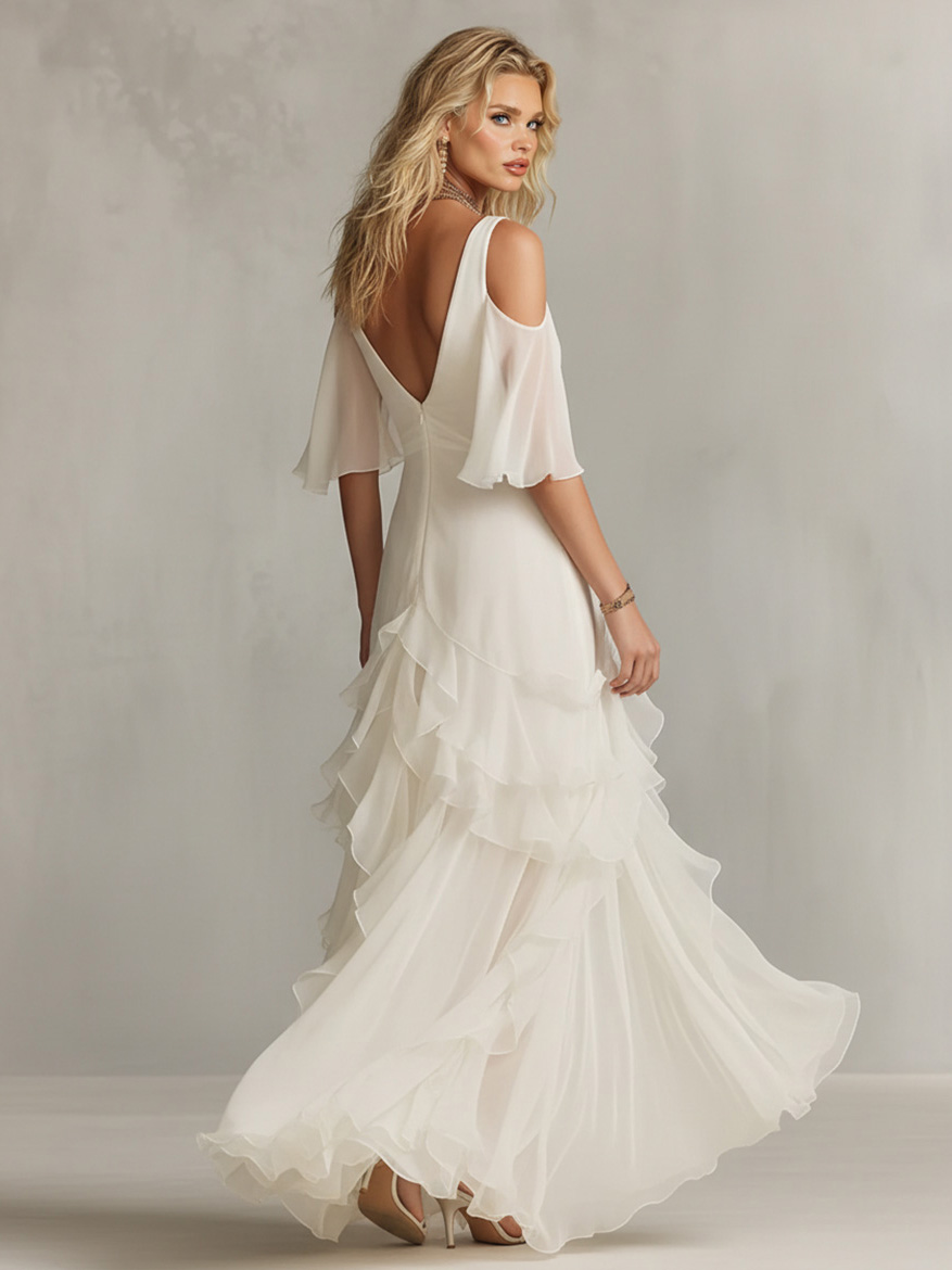 Elegant Knotted Front Layered Ruffle Maxi Dress