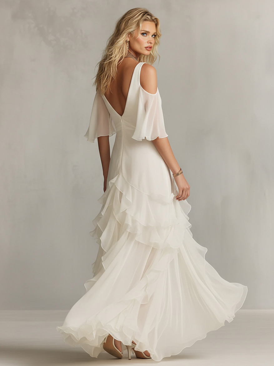 Elegant Knotted Front Layered Ruffle Maxi Dress