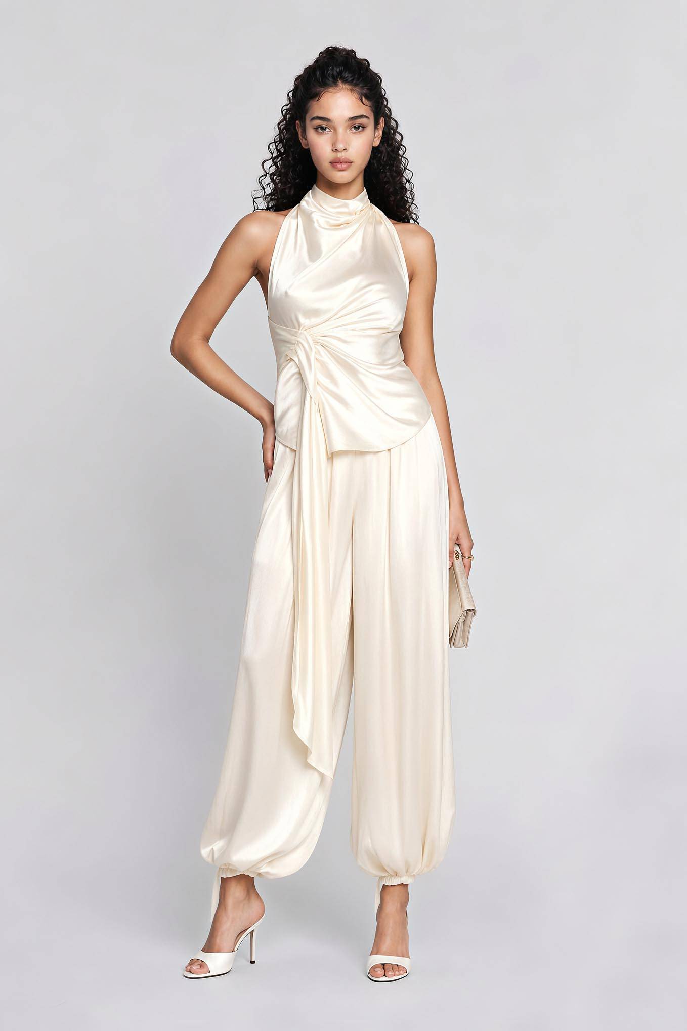 Cream Satin Halter Neck Two-Piece Set - Backless Draped Top & Wide-Leg Pants Elegant Evening Outfit For Wedding, Gala & Party
