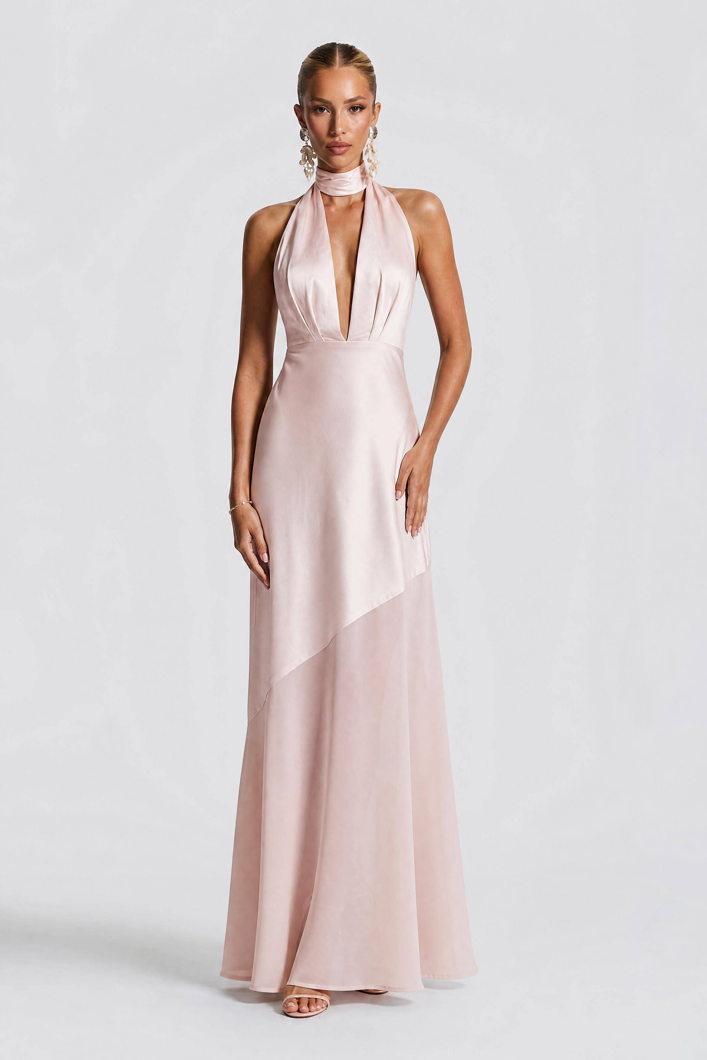Olive Satin Halter Neck Deep V-Neck Mermaid Evening Gown - Sexy Backless Formal Dress For Party, Wedding & Gala