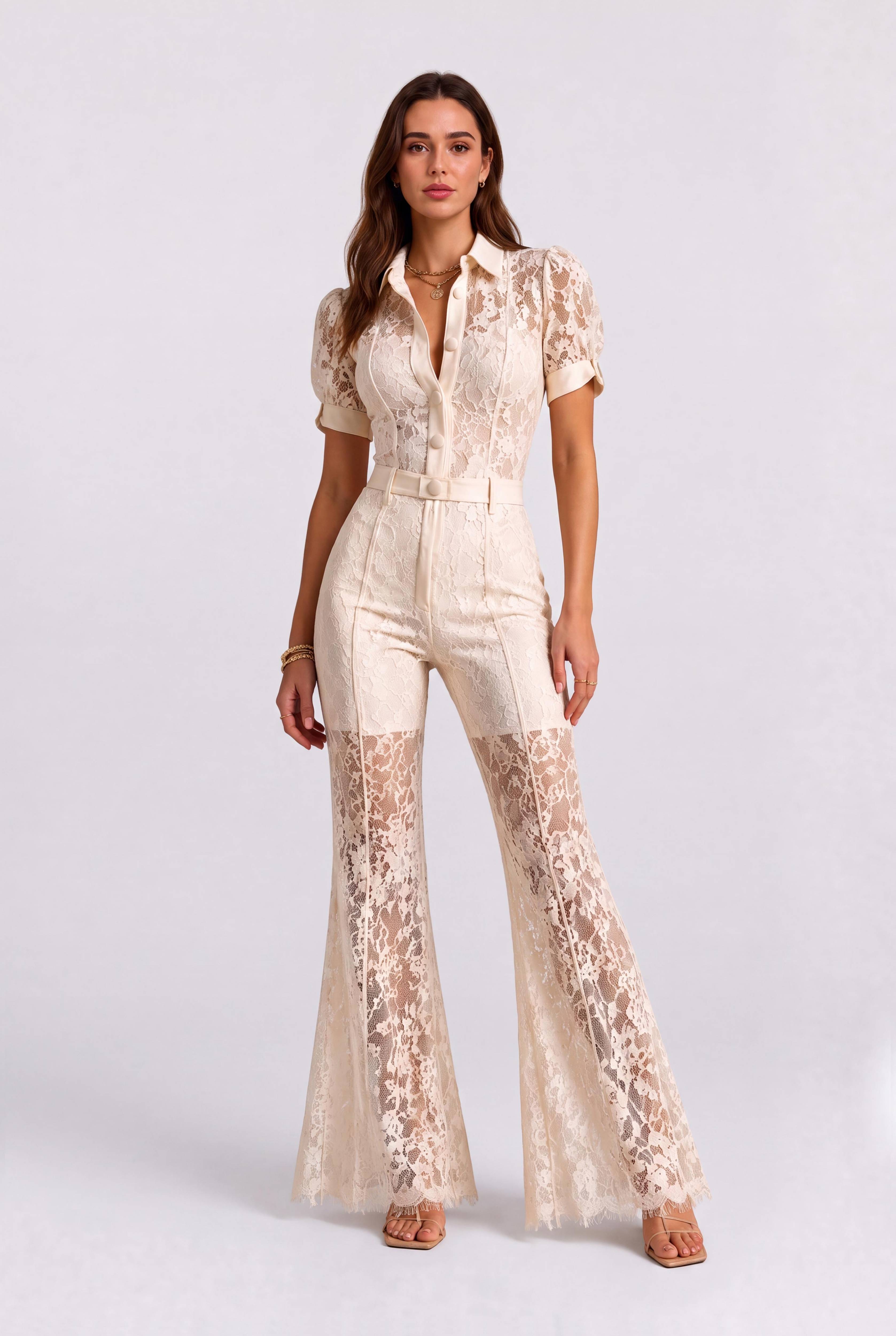 Vintage Lace Bubble Sleeve Slim-fit Jumpsuit