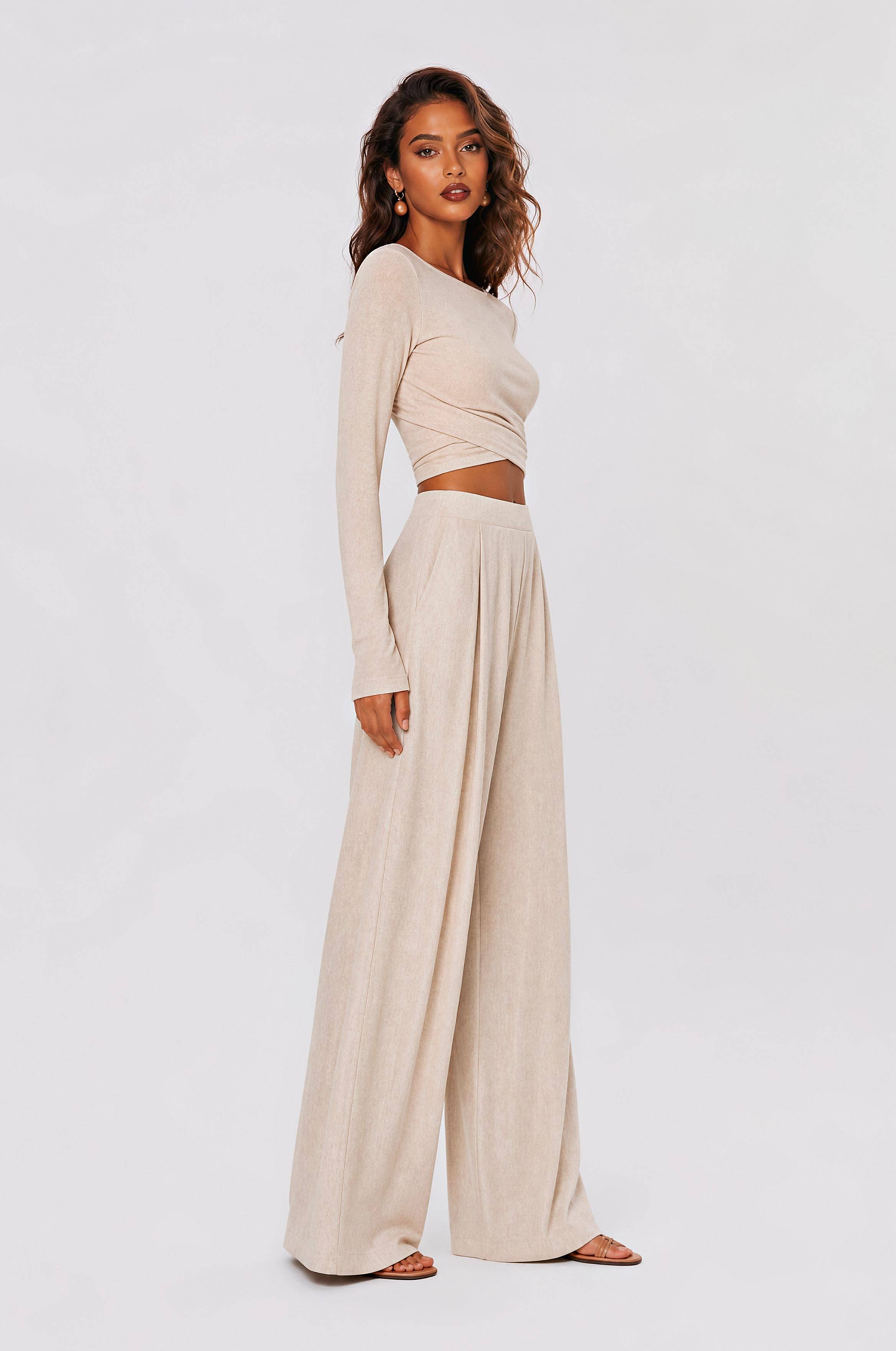 Tight-Waisted Short Long-Sleeved Top Pleated Linen Wide-Leg Pants Two-Piece Set