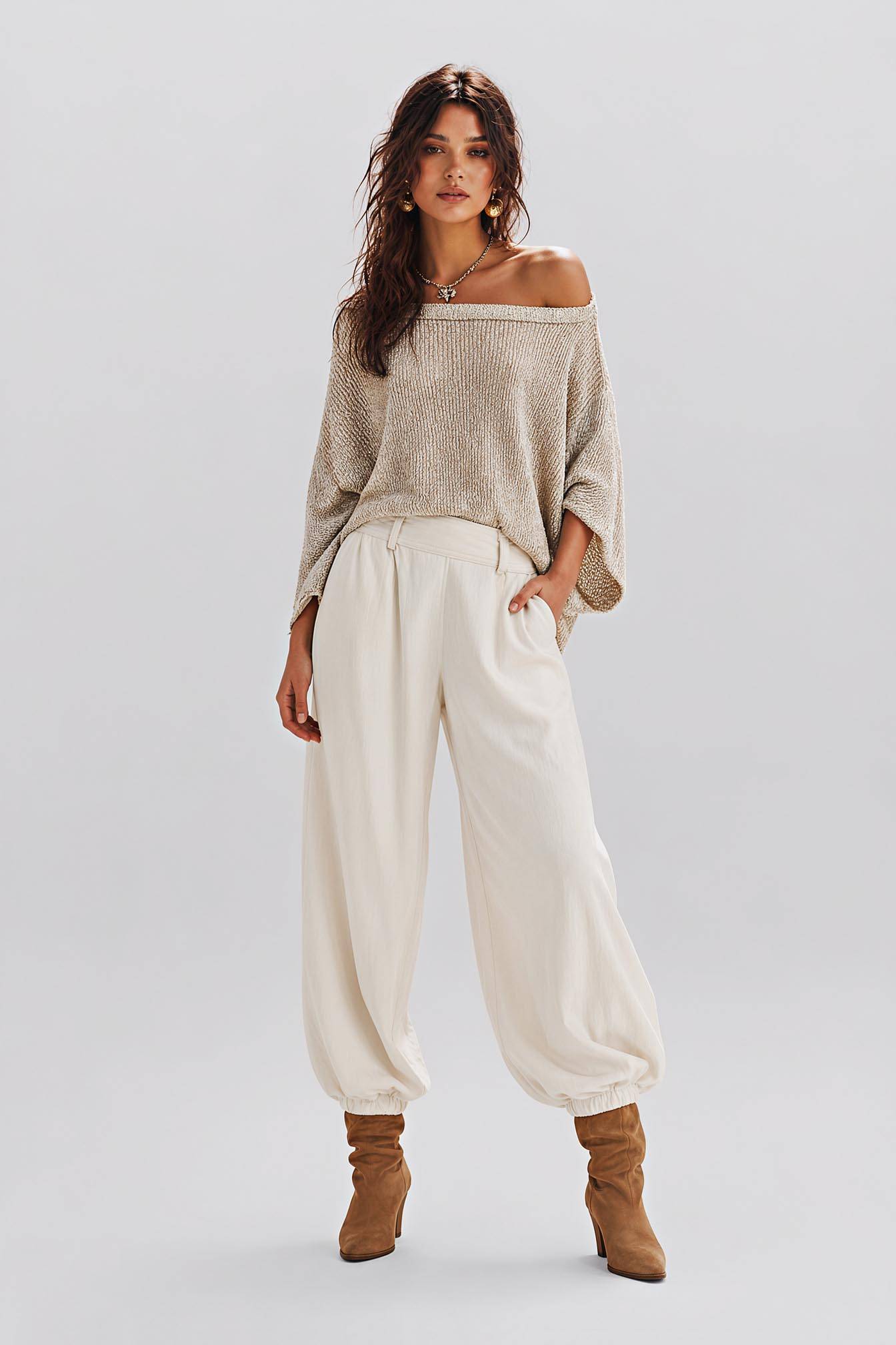 Knitted Shoulder Top High Waist Tunic Pants Holiday Daily Casual Suit