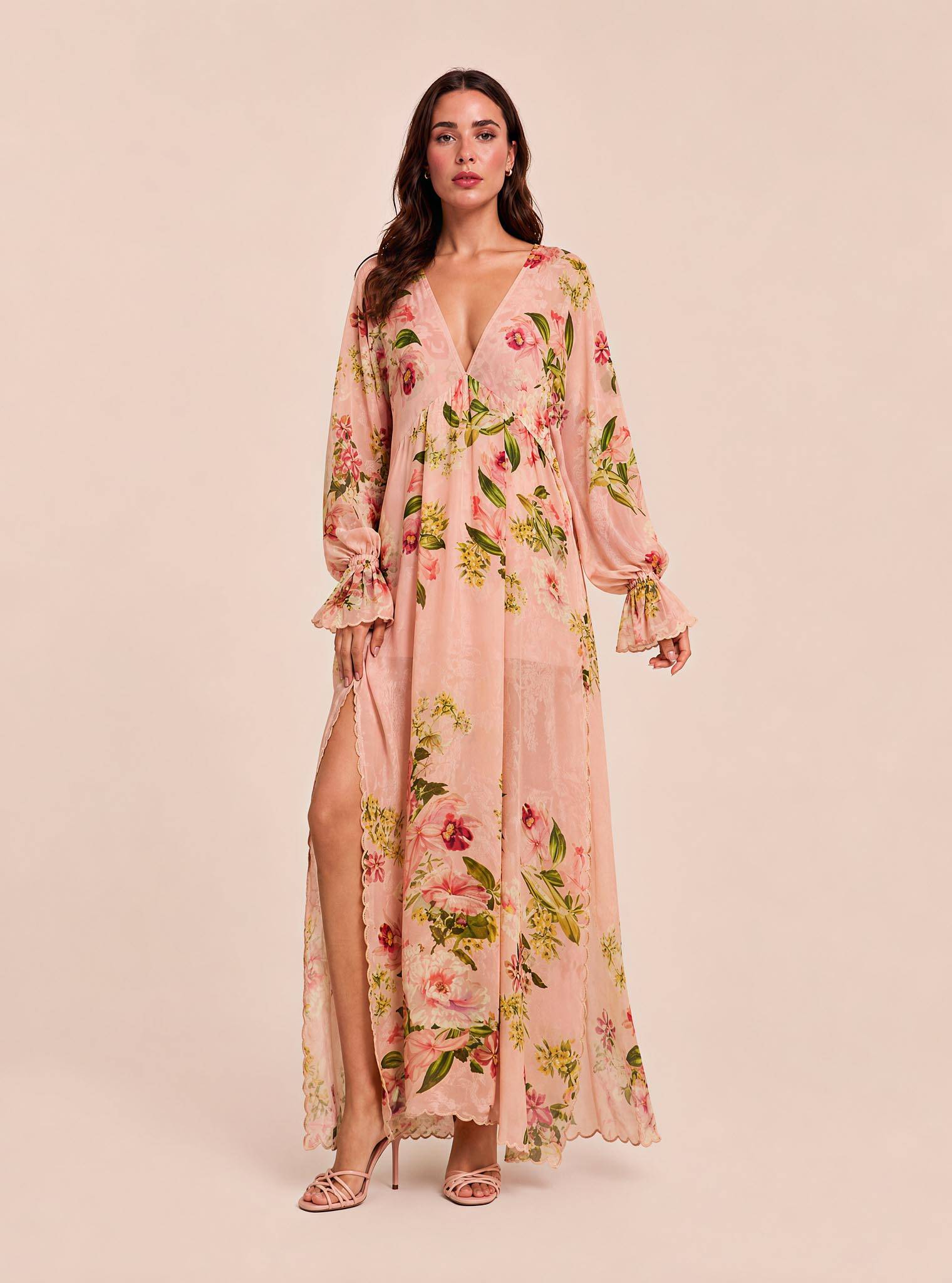 Floral Print Deep V Long Dress