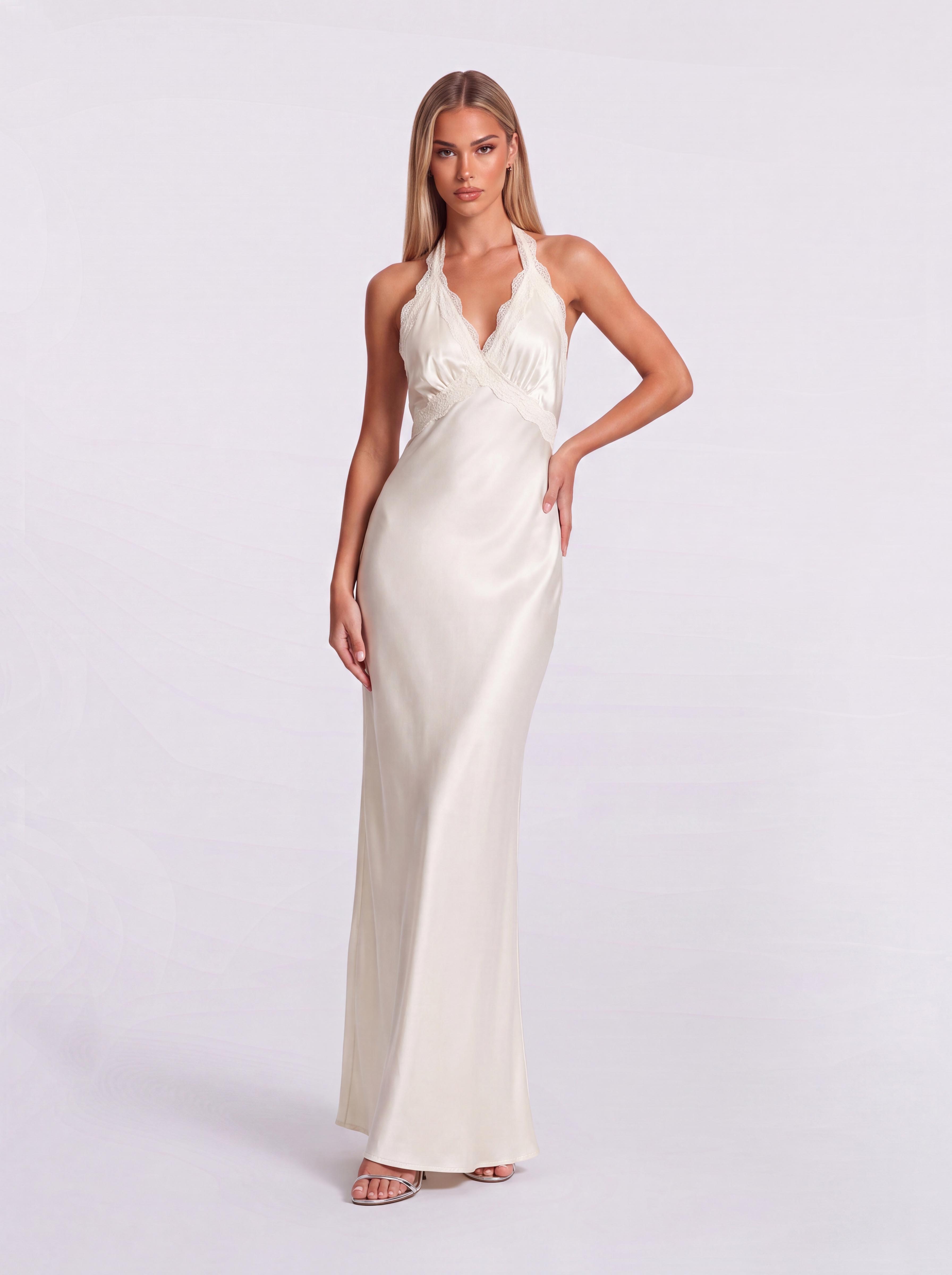 Lace-Trim V-Neck Satin High Split Halter Dress