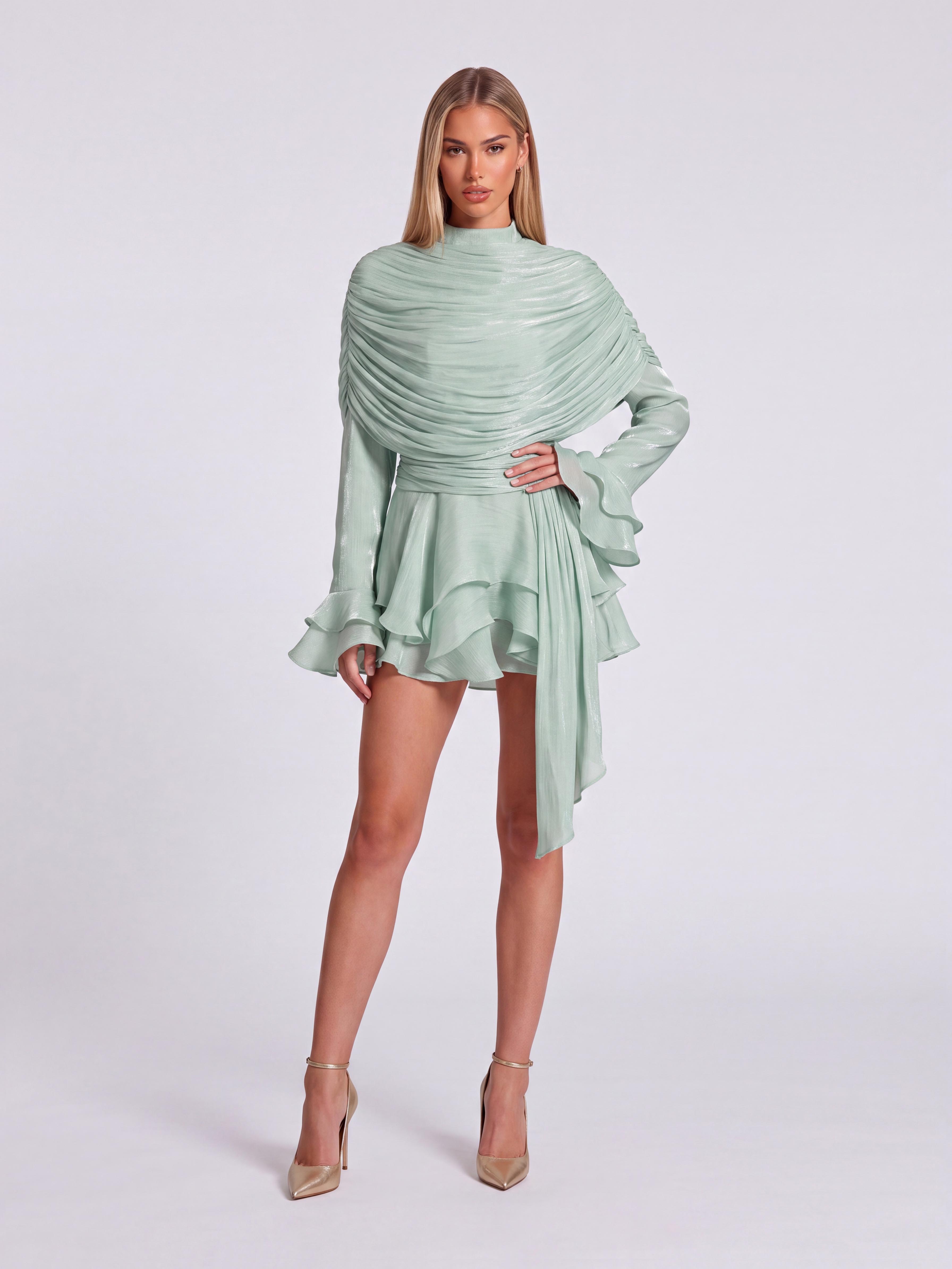 Draped High Neck Long Sleeve Ruffled Asymmetrical Strap Skirt