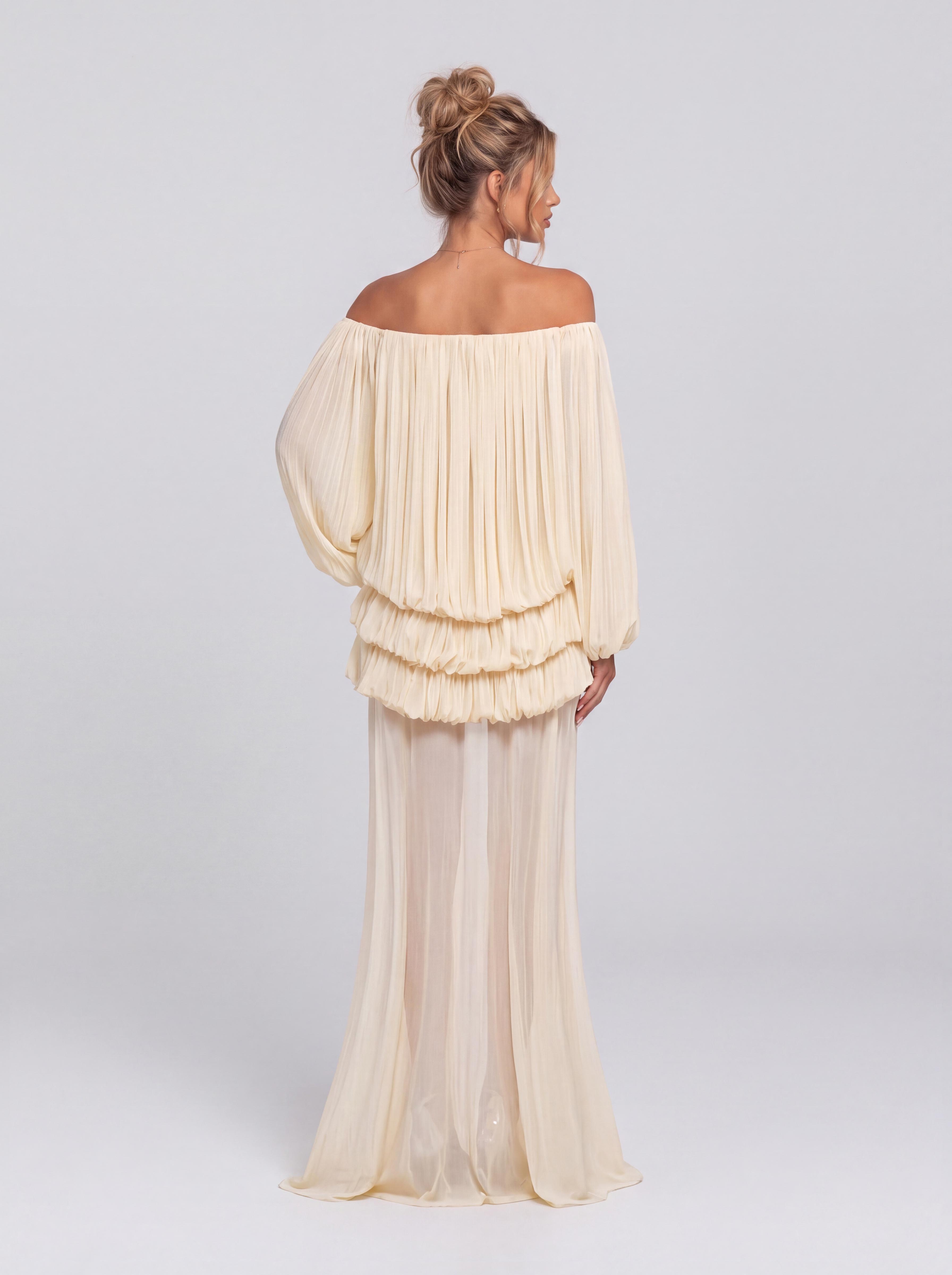 Pleated Off-shoulder Bubble Long Sleeve Perspective Long Party Dress