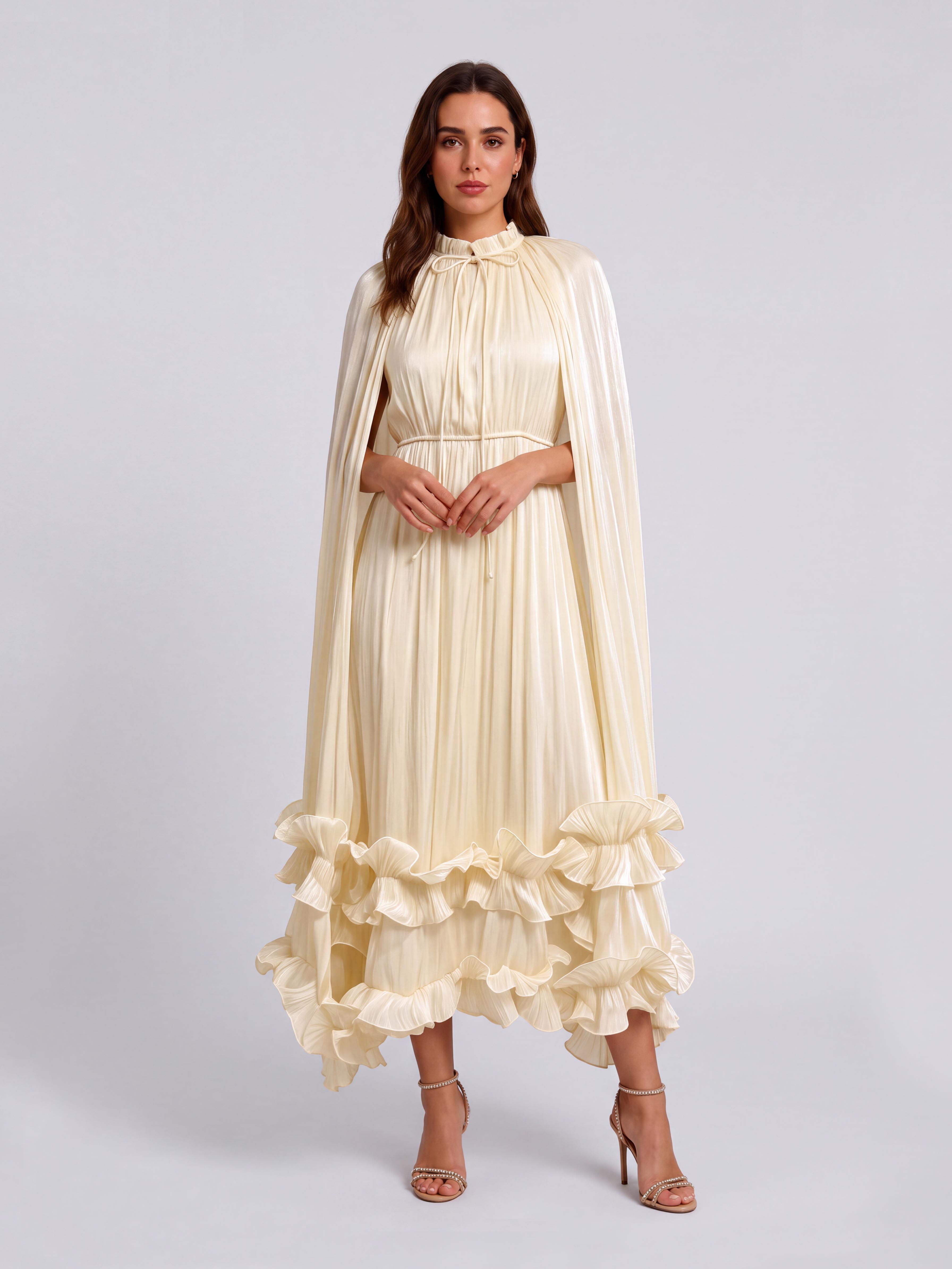 Cloak-sleeved, Stand-collar Midi Dress With Layered Ruffled Frills And A Tie-cinched Waist