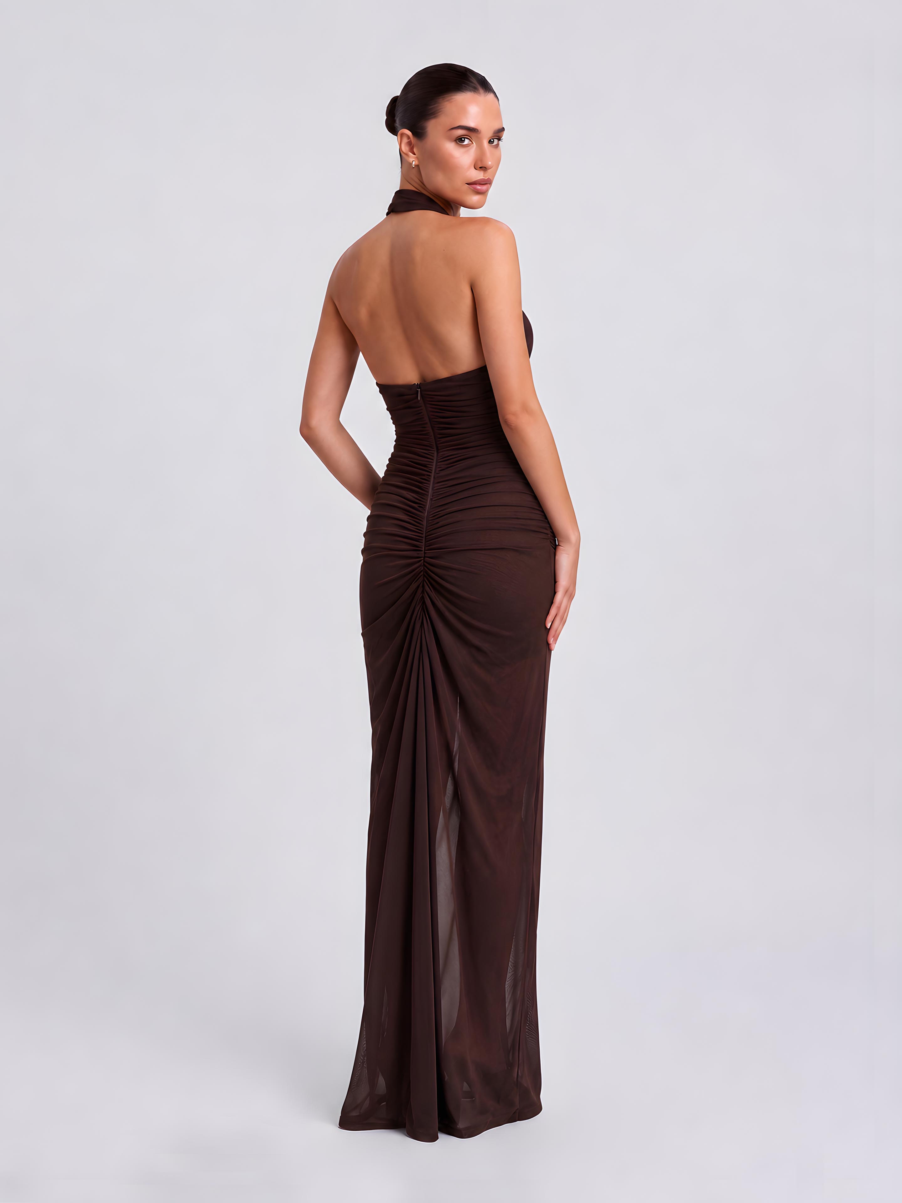 Woven Pleated Front Neck Deep V-Drop Slim Dress