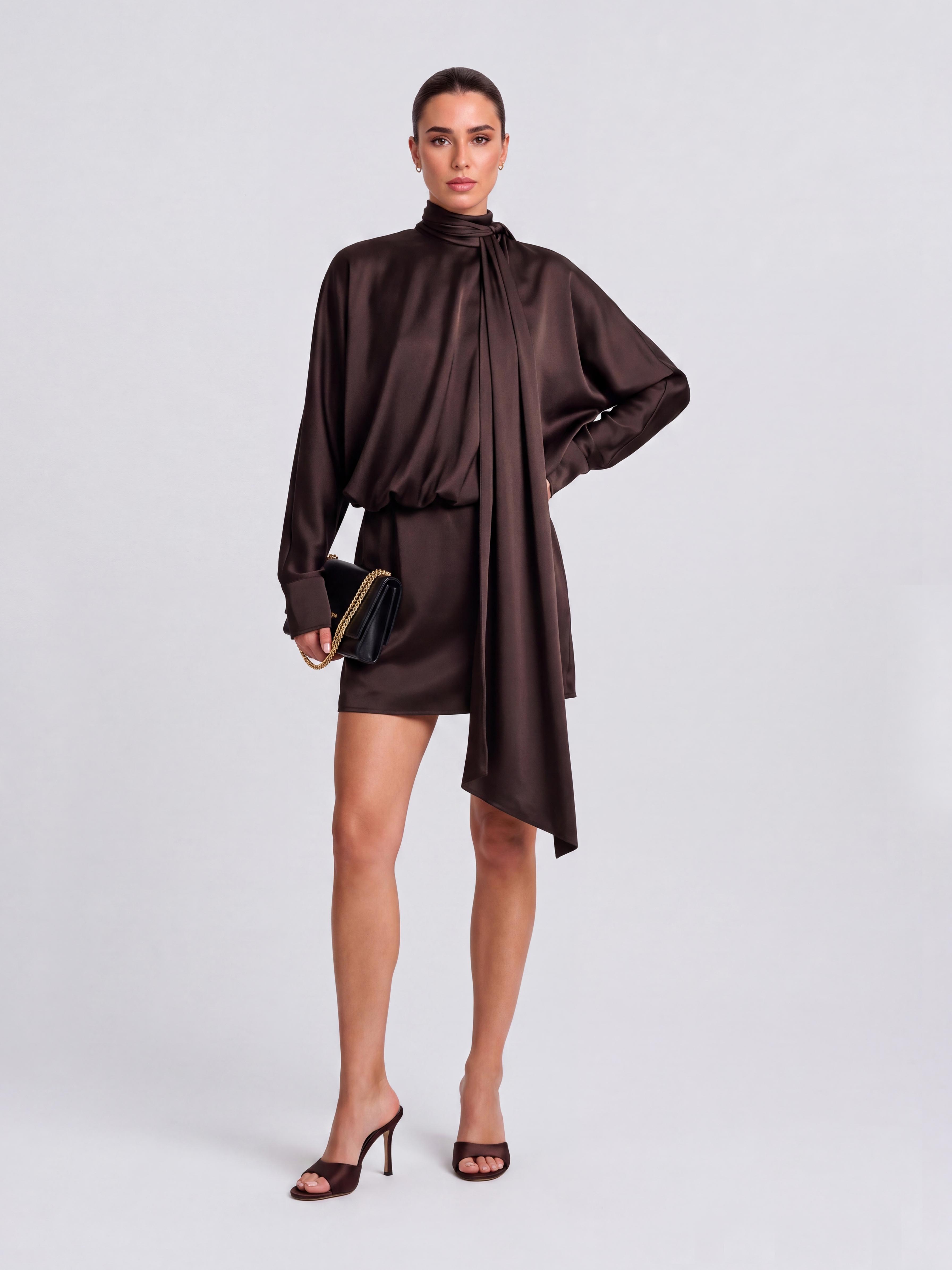 Vintage Brown Satin Turtleneck Long Sleeve Slim Fit Short Hip Dress