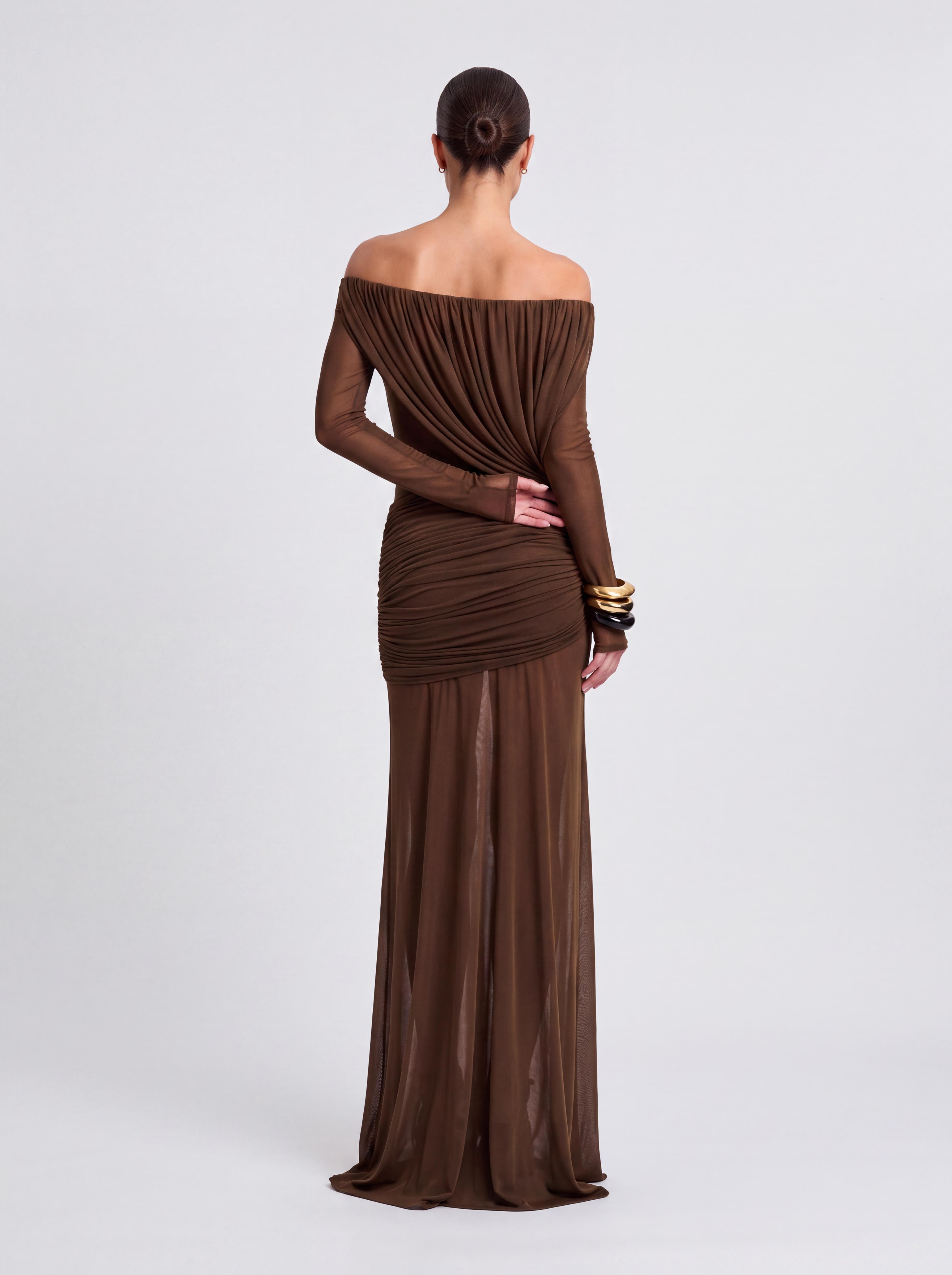 Off-shoulder Long-sleeve Draped Fishtail Long Dress