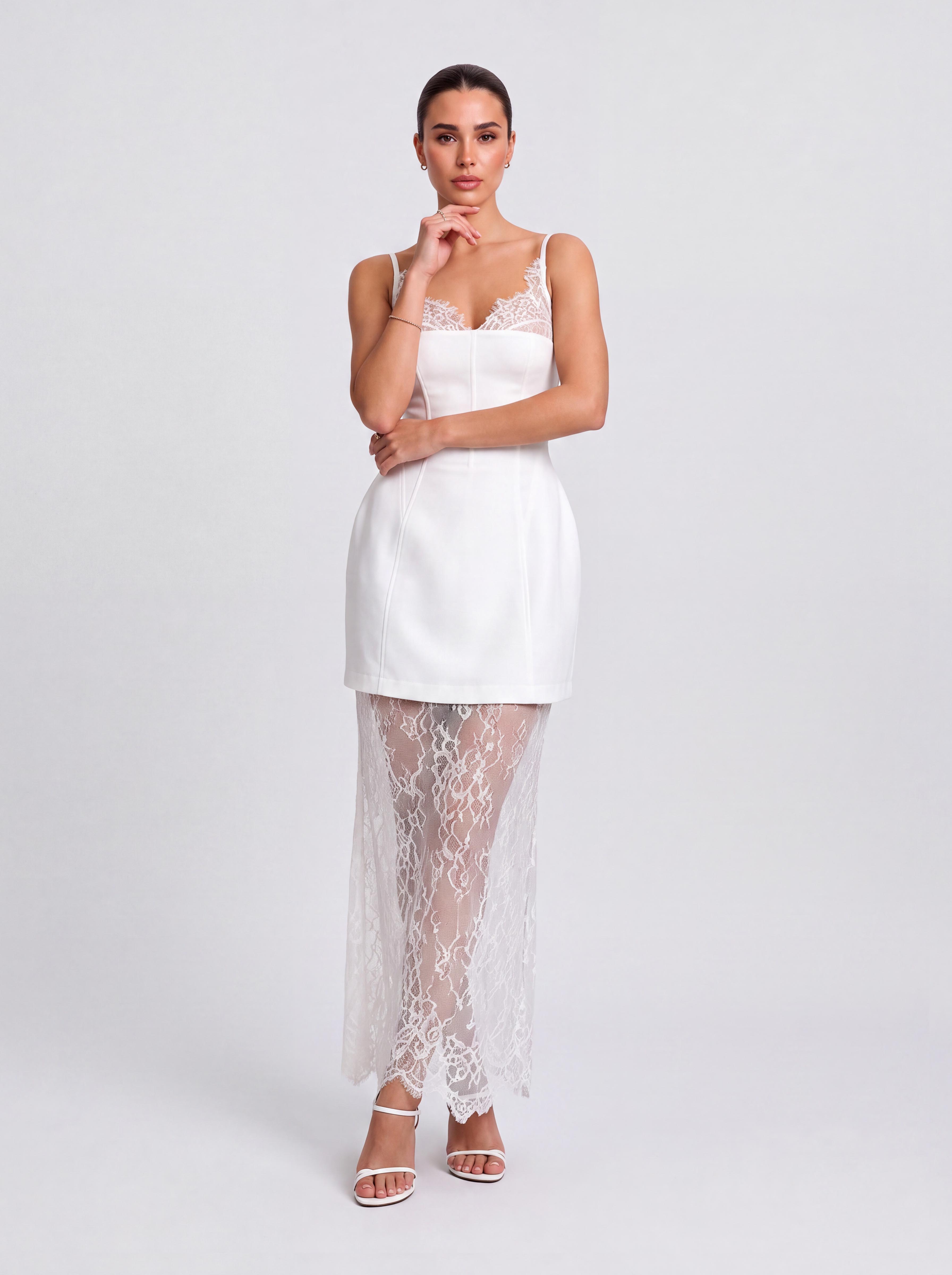 Belted Lace Sling Long And Short Perspective Layered Dress Two-Piece Set