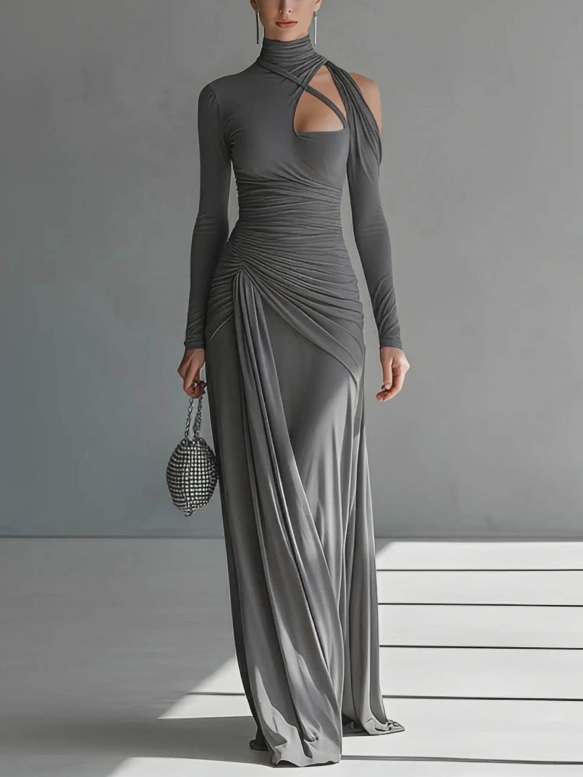 Casual Silky Stretch Pleated Cutout Maxi Dress