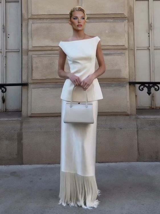 Elegant Satin Fringe Hem Skirt Two-Piece Set