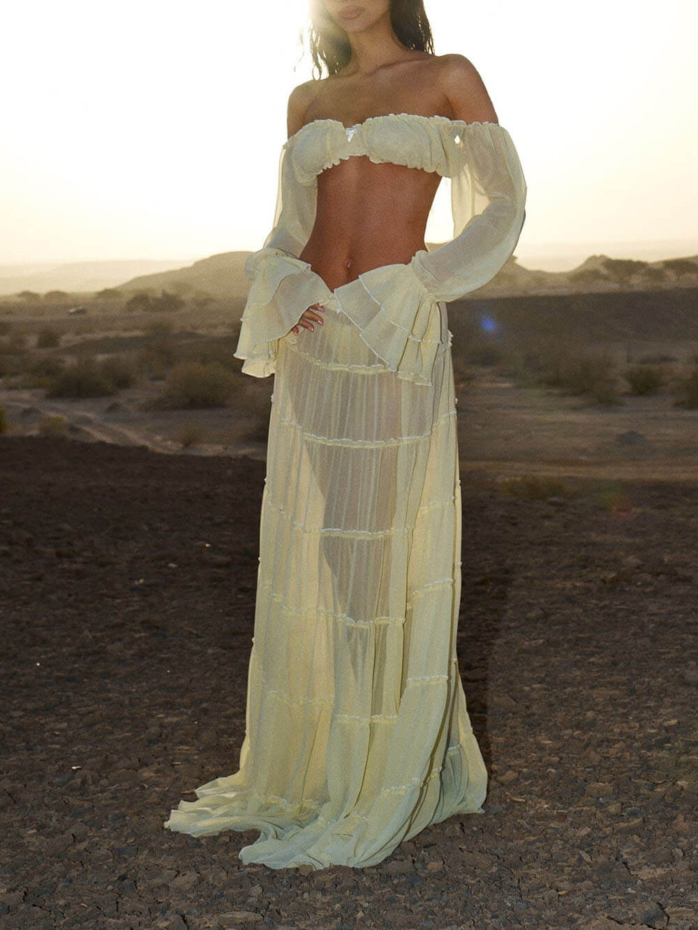 Fashion Off Shoulder Long Bell Sleeve Crop Top and Elastic Waist Layered Cover-up Maxi Skirt Set