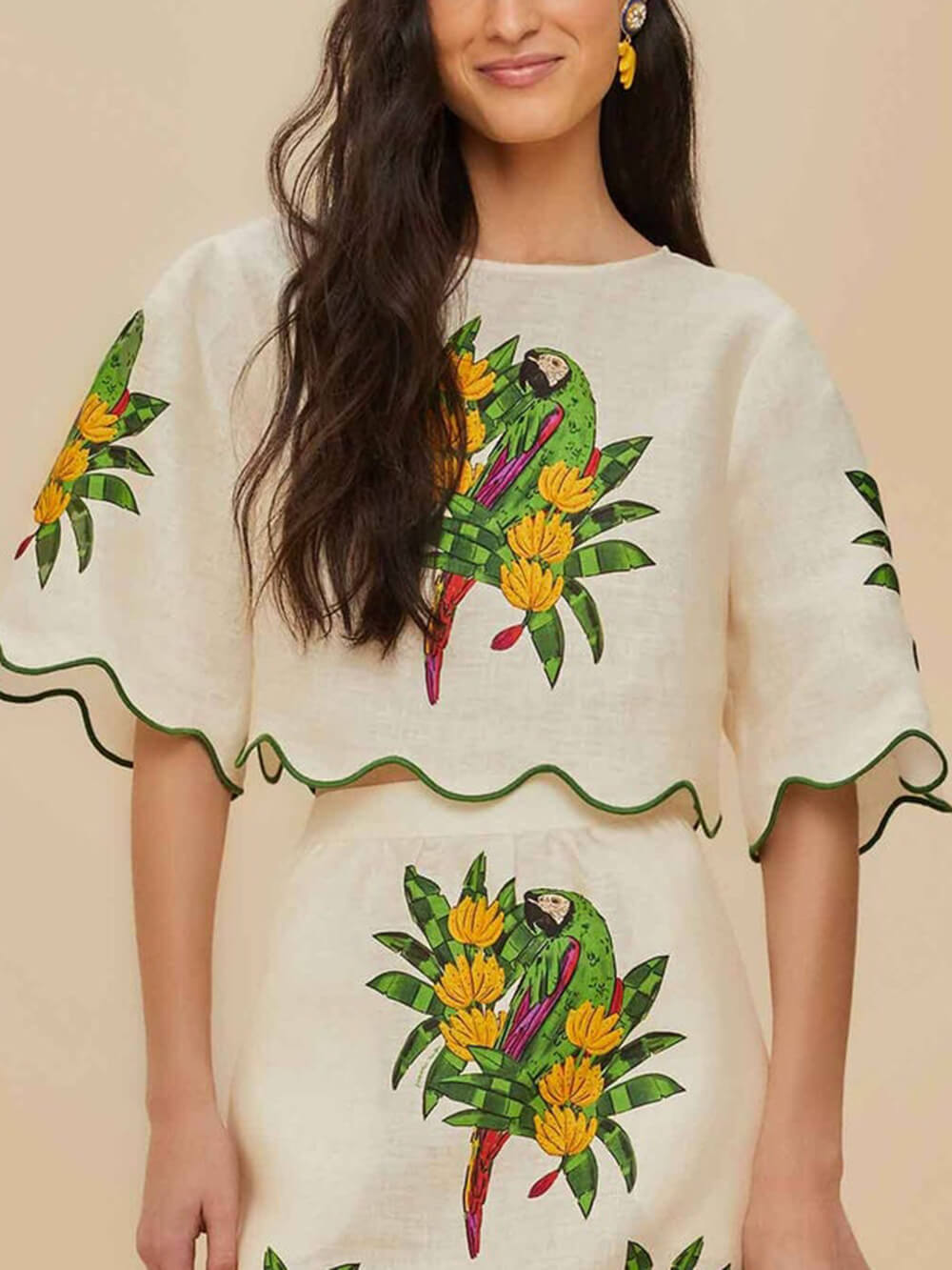 Unique Garden Print Wavy Hem Linen Midi Skirt