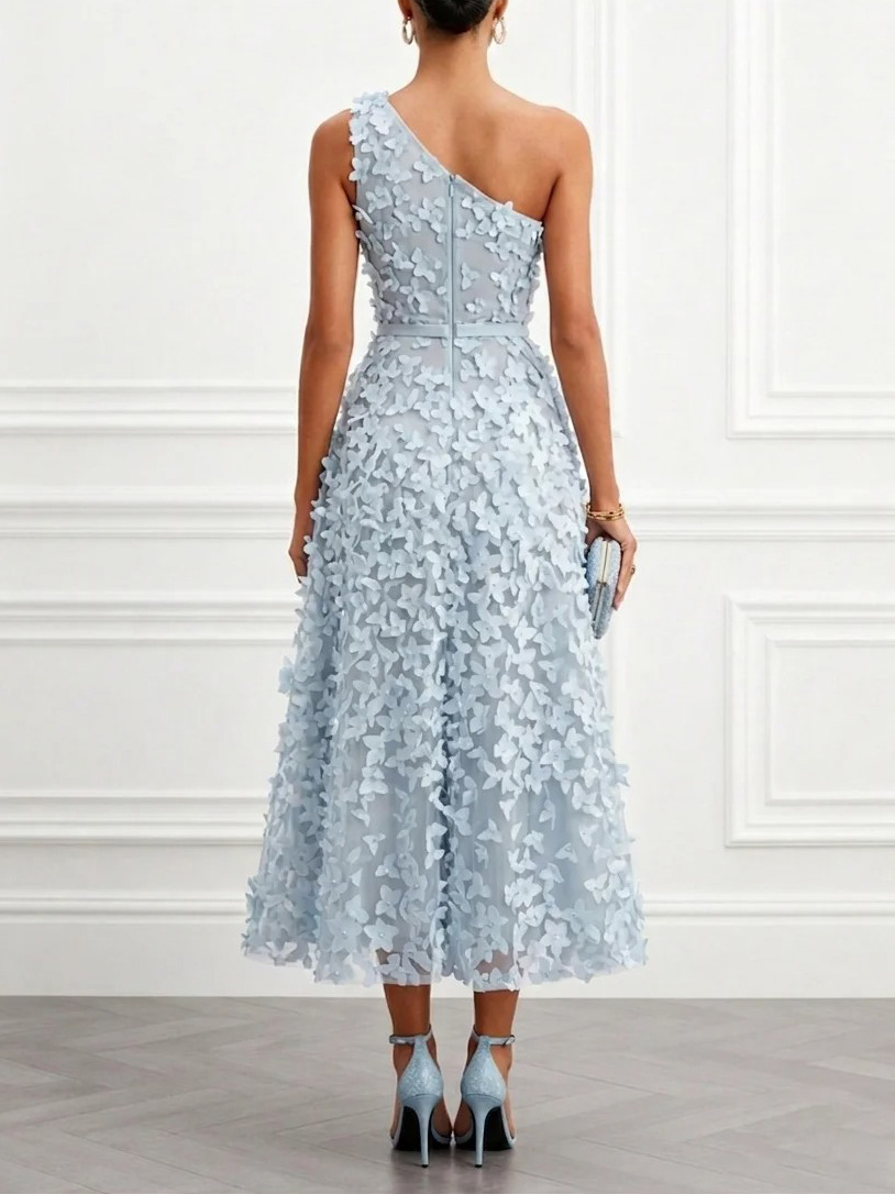 Elegant One Shoulder 3D Butterfly Veil Midi Dress