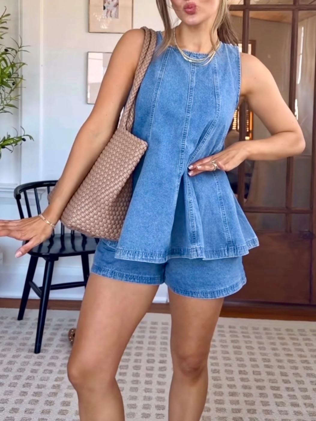 Sleeveless Denim Peplum Top And Shorts Two-Piece Set