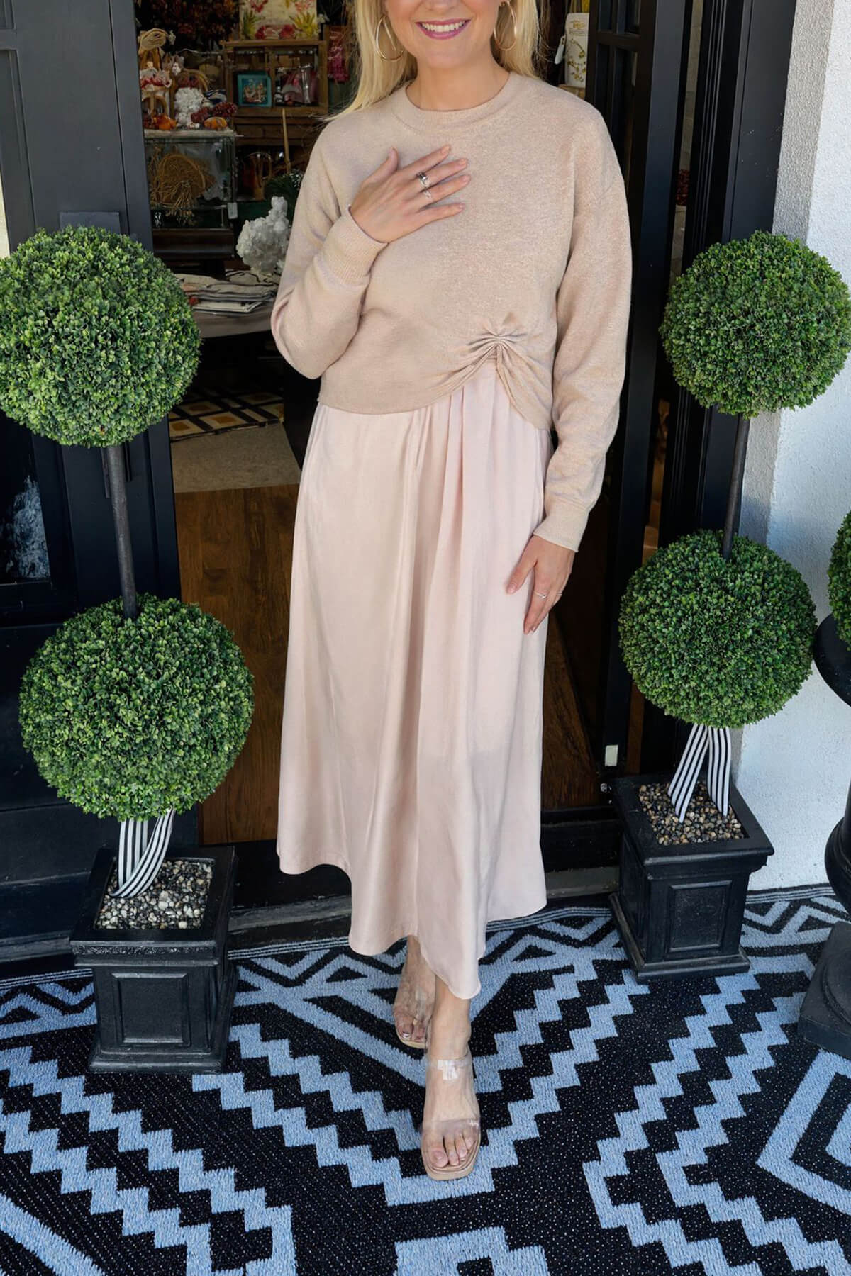 Fashion Knit Ruched Sweater and Satin Stretch Tank Midi Dress Two-piece Set