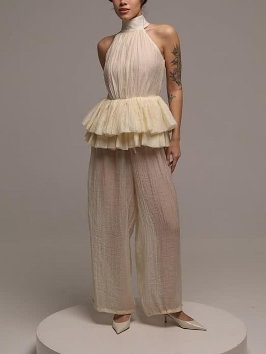 Elegant Ruffled Backless Top & Wide-Leg Pants Two-Piece Set