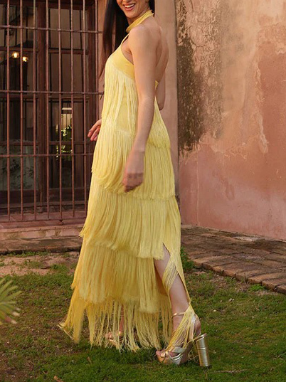 Elegant Halter Neck Tassel Party Maxi Dress