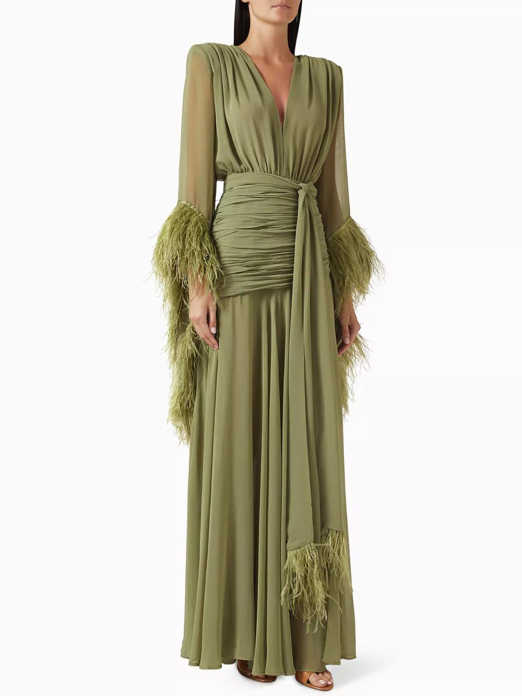Elegant V-Neck Feather Cuff Flowing Chiffon Maxi Dress