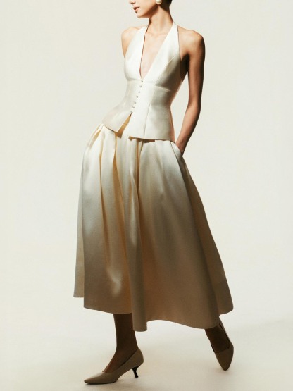 Elegant Halter Neck Vest A-line Skirt Two-piece Set