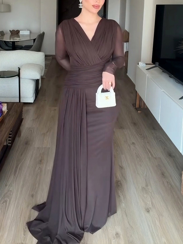 Elegant Long-sleeved Mesh Pleated Maxi Dress