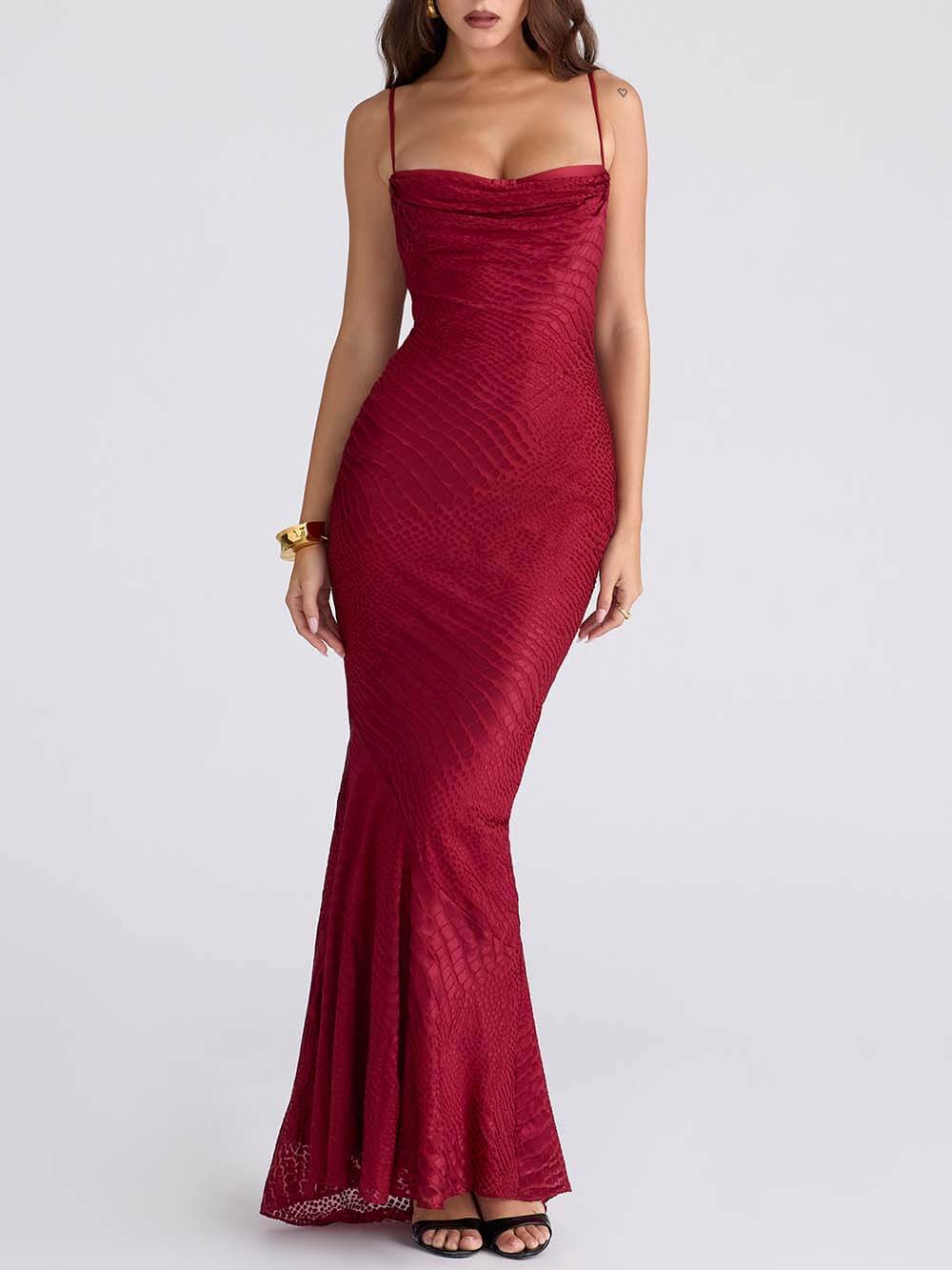 Elegant Low-Neck Burnout Satin Party Maxi Dress