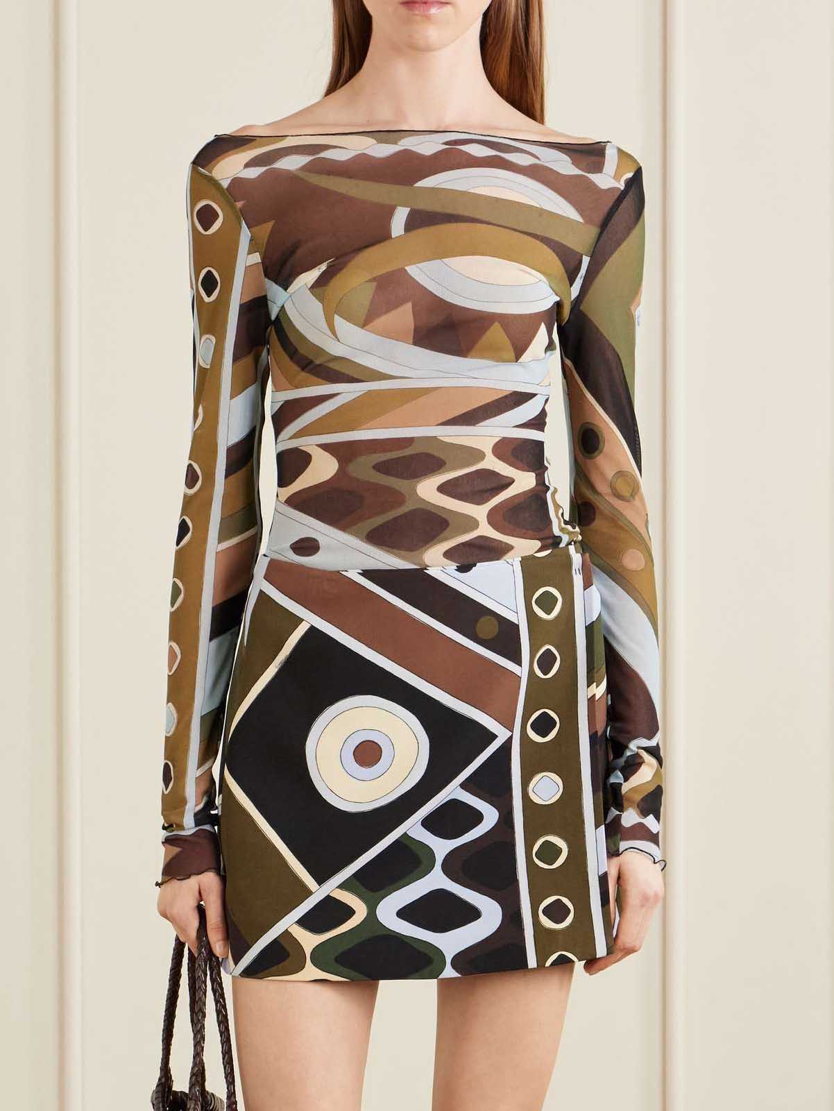 Retro Geometric Print Sheer Mesh Two-piece Set