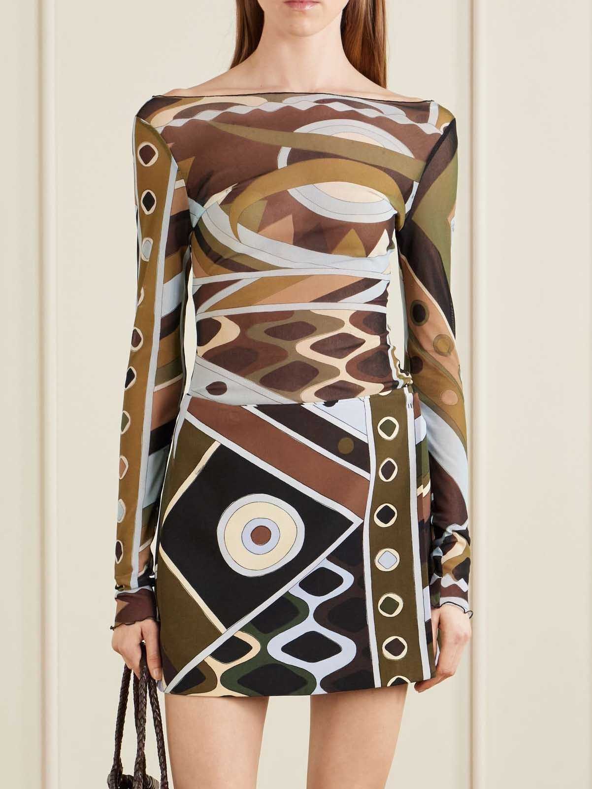 Retro Geometric Print Sheer Mesh Two-piece Set