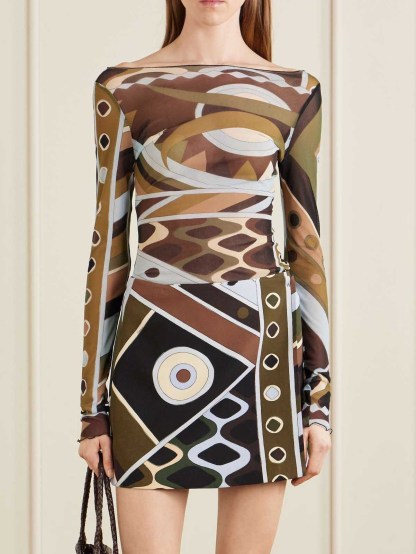 Retro Geometric Print Sheer Mesh Two-piece Set