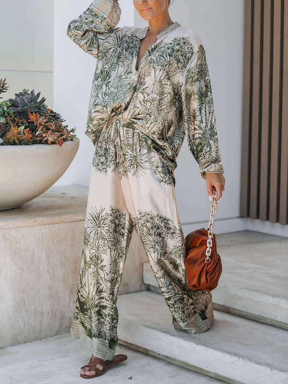 Casual Palm Leaf Print Elastic Waist Wide-Leg Pants