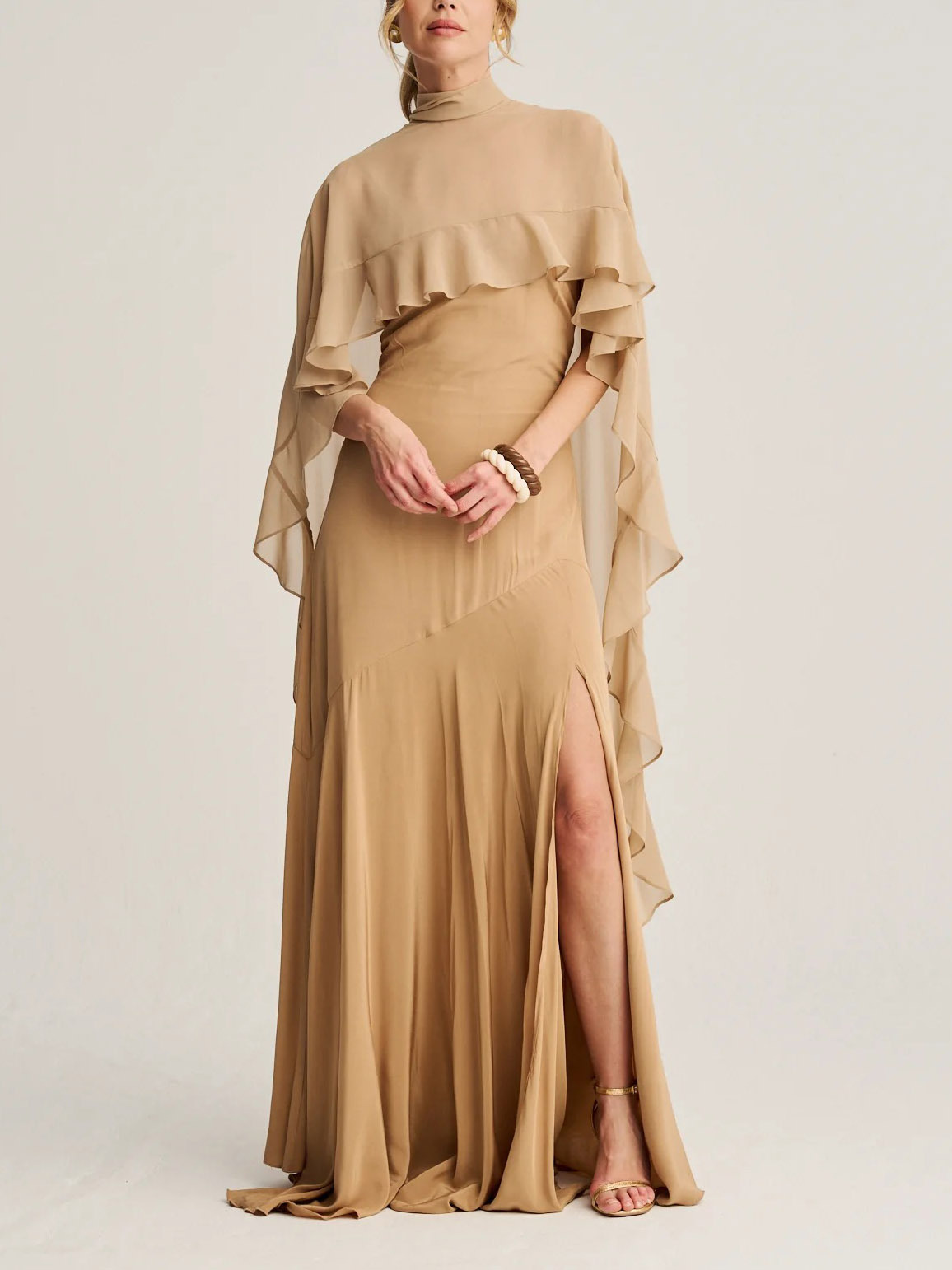 Elegant High Neck Ruffle Cape Maxi Dress