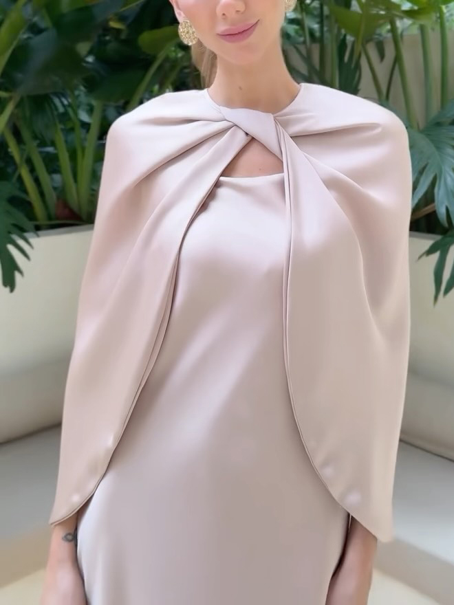 Elegant Cape Twisted Satin Maxi Dress Set