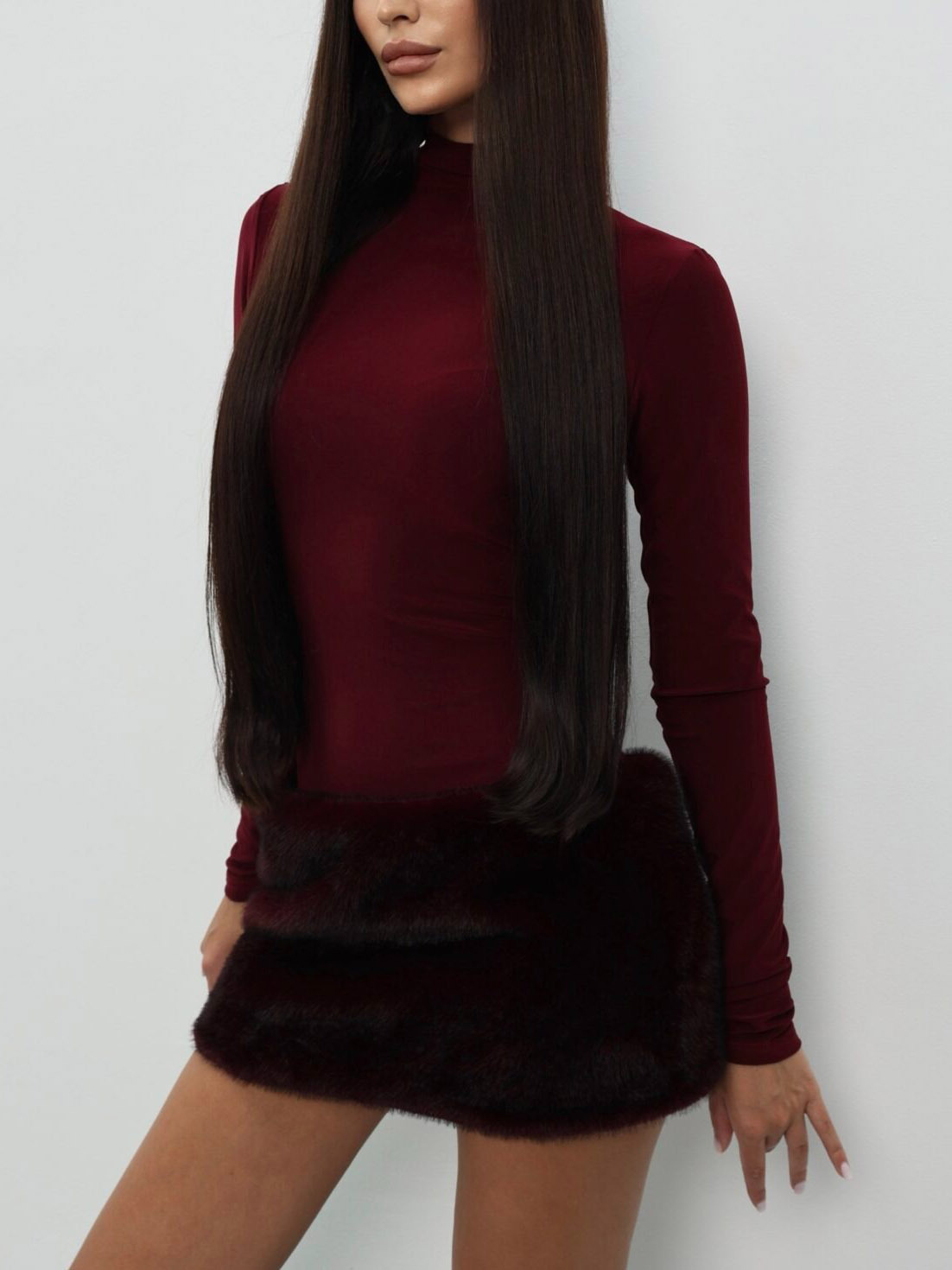 Elegant High-neck Knitted Faux Fur Mini Dress