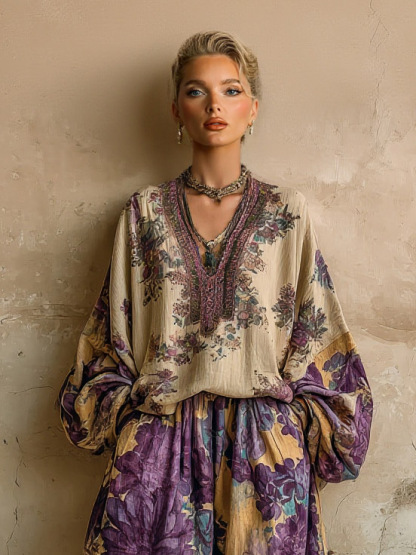 Retro Floral Print Elastic Waist Wide-Leg Pants