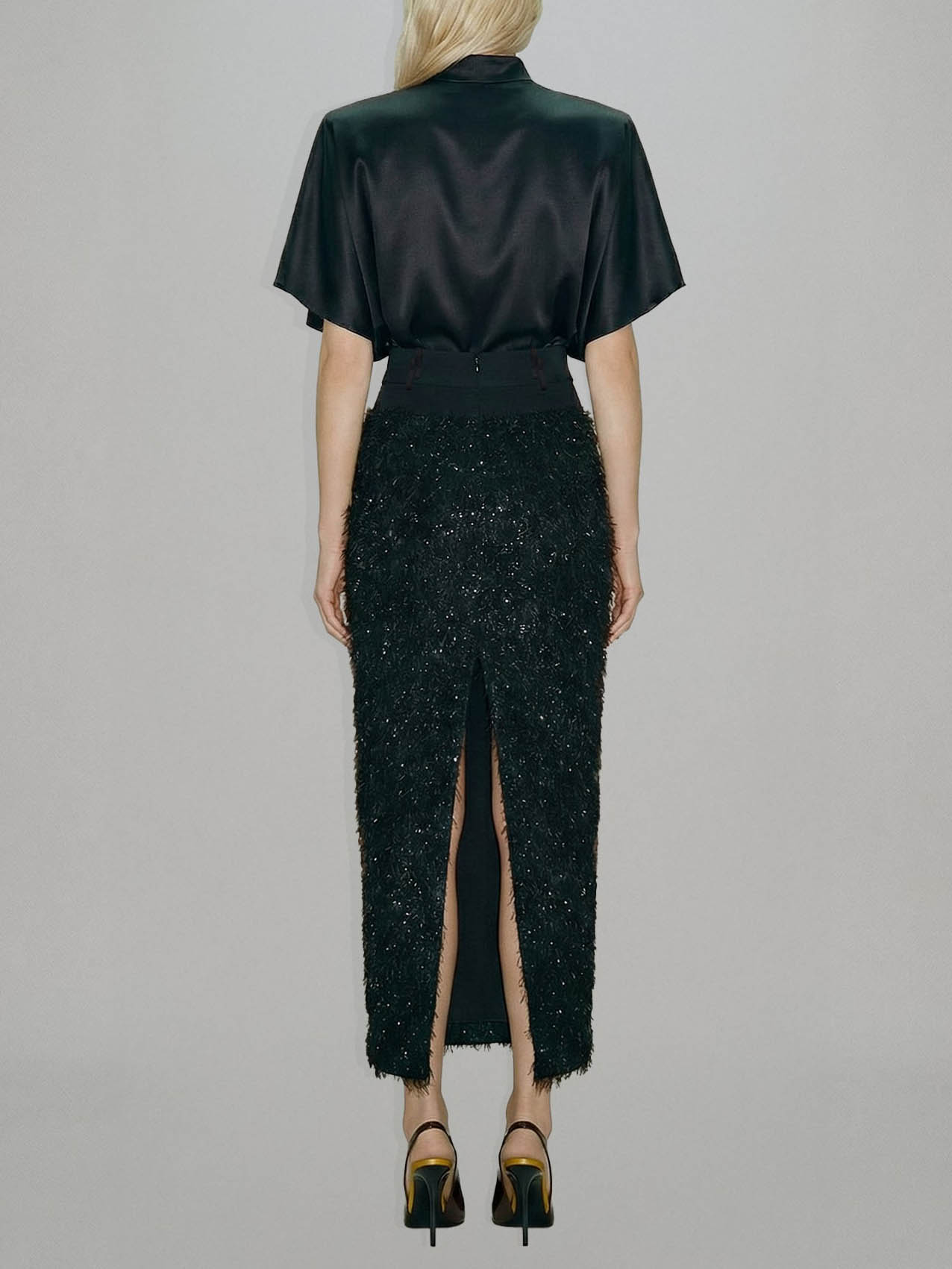 Elegant Satin Top & Sequin Feather Midi Skirt Two-Piece Set