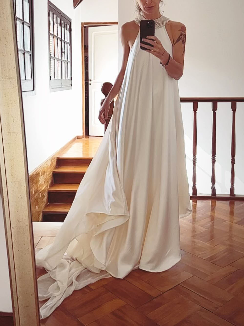 Elegant Pearl Embellished Halterneck Satin Flowy Maxi Dress