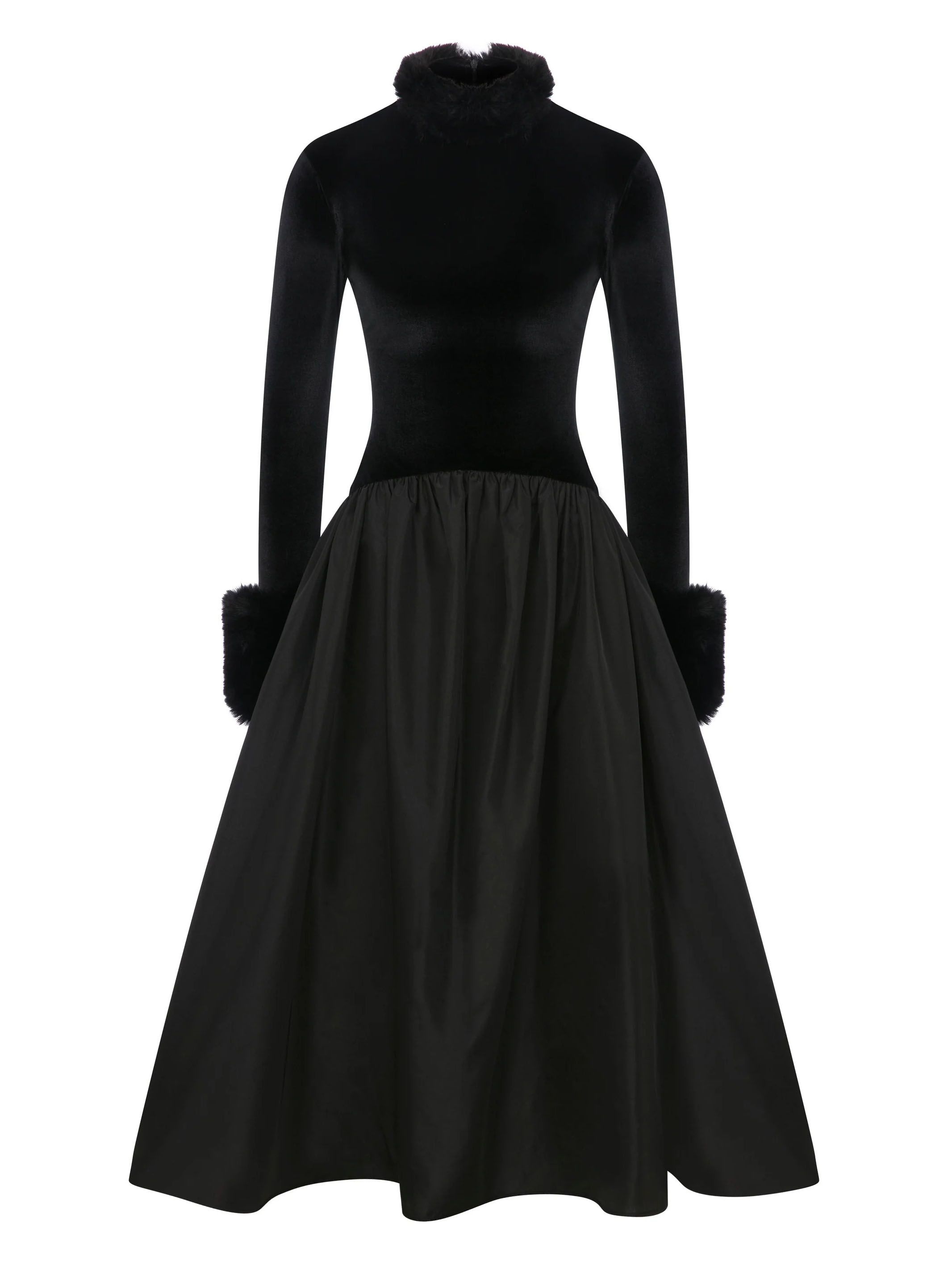 Elegant Velvet High-Neck Faux Fur Cuff Midi Dress