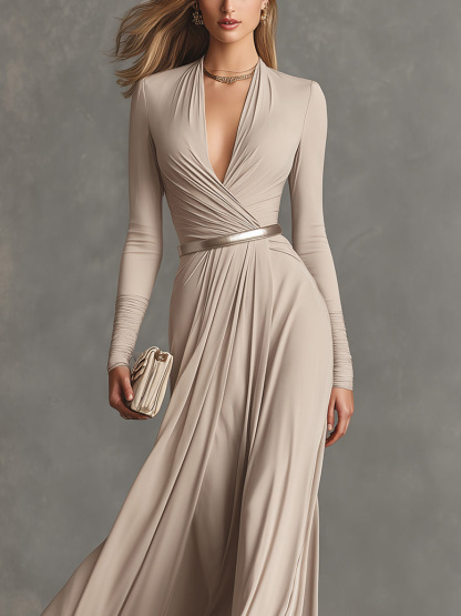 Elegant Pleated Wrap Maxi Dress