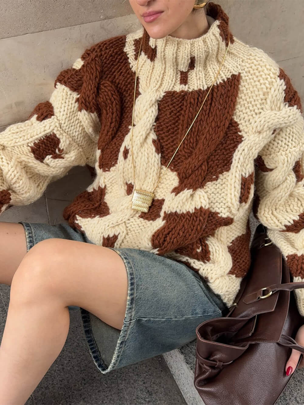 Fashion Casual Color-Block Print Loose Sweater